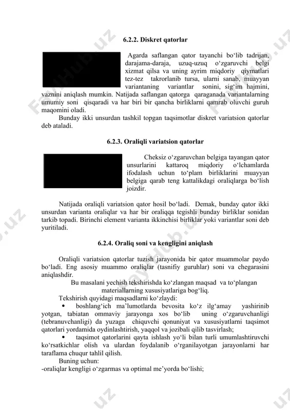 boshlang‘ich oraliq eng kichik belgini, oxirgi oraliq esa eng katta belgini o‘z ichiga olishi; -qator oraliqlari o‘rganilayotgan to‘plam tuzilishini obyektiv tasvirlovchi taqsimotni shakllantirishi, me’yoriy mutanosiblik nafaqat guruhlar orasida, ularning ichida ham bo‘lishini ta’minlashi; -markaziy oraliqlar mumkin qadar g‘ujjak variantalardan, ya’ni to‘liq va zich joylashgan birliklardan iborat bo‘lishi lozim. maxsus adabiyotda variatsion qator oraliqlarining maksimal yoki minimal sonini aniqlash uchun turli mezonlar taklif etilgan, ularning ko‘pchiligi yetarli darajada aniqlik bilan o‘rtacha ko‘rsatkichlarni hisoblash va shu bilan birga ko‘rimli variatsion qatorlar tuzish imkonini beradi. amerika statistigi sterjess (sturgess,.1926) quyidagi mezonni taklif etgan: k ( 1+3.32 logn = 1+1.441 lnn (6.1) bu yerda k - taqsimot oraliqlarining minimal soni; n - to‘plam hajmi (birliklar soni); log - o‘nli logarifm; ln - natural logarifm. k. bruks va n. karuzes tomonidan taklif etilgan quyidagi formula sterjess mezoniga yaqin natija beradi: k ( 5 logn (6.2) o‘zgaruvchan belgining eng katta va eng kichik qiymatlari o‘rtasidagi farq …