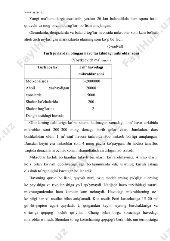 rik xlorofilsiz organizmlardan biridir. bazidomitsetlar ko`proq o`rmon tuproqlarida uchrab, yuksak o`simliklar bilan mikroizani hosil qiladi (yuksak o`simliklarning ildizlarida zamburug`larning simbiozi). zamburug`larning eng ko`p miqdorini tuproqning yuqori (5 dan 20 santimetrgacha) qatlamlarida, ammo ba`zilarini (aktinomitsetlar, mukammallashmagan zamburug`lar va boshqalar) 50–80 santimetr chuqurlikda ham topish mumkin. yuqori qatlamdagi 1 g tuproqning tarkibida 1 mln zamburug`lar bo`ladi. bu esa biomassasining 1500 kg da, ya`ni 1 ga da 1500 kg zamburug`lar borligini bildiradi. 3. bakteriyalarning boshqa mikroorganizmlarga qaraganda soni va turlari tuproqda ko`proqdir. bularga autotroflar va geterotroflar kiradi. tuproqdagi bakteriyalar ishtirokida ammonifikatsiya, azotni, oltingugurtni, temirni va boshqa elementlarni to`plash jarayonlari o`tadi. tuproqda odam va hayvonlar uchun zararli, ya`ni yuqumli kasalliklarni qo`zg`atuvchi mikroblar ham ko`p. ba`zilari tuproqda ko`payadi va rivojlanadi. masalan, kuydirgi kasalini ko`zg`atuvchi sporalar yozda, tuproq moddalarga boyiganda vegetativ shaklga o`tib, ko`payadi, kuzda esa yana spora shaklini oladi. evolyutsion taraqqiyot natijasida tuproq mikroorganizmlarining ayrim gruppalari orasida metabioz munosabat hosil bo`lgan. boshqa gruppa mikroorganizmlar orasida …