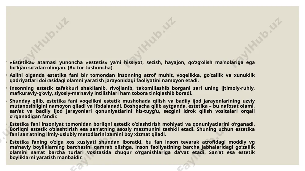 skilarning o’zgarishi, kishilarning sub’yektiv qobiliyatlari, estetik kechinmalari, didlari va ideallarining doimo o’zgarib turishi estetika predmetining o’zgarib turishiga katta ta’sir ko’rsatdi. estetika so’zi dastlab fanning nomi sifatida 1775 yilda nemis filosofi a. baumgartin tomonidan «poetik asarning ba’zi bir masalalari to’g’risida falsafiy mulohazalar» degan asarida ishlatilgan. bir oz baumgertenni estetika fa nining asoschisi deb hisoblash noto’g’ri bo’lar edi, chunki estetika nazariyalari antik davrdayoq paydo bo’lgan edi. keyinroq estetik fikr o’rta asrlarda renessans davrida kengroq tarqaldi, rivojlandi. xviii asrga kelib estetika falsafiy xarakterdagi mustaqil fan sifatida ish ko’rdi. nemis filosoflari i.kant, v. gegelь estetika faniga «estetik» degan tushunchani kiritdilar. bu yangi tushuncha estetika fanini konkretlashtirdi va chuqurlashtirdi. shundan buyon hamma estetik tushunchalar, masalan, «g°zal», «chiroyli», «olijanob», «fojiali», «hajviy», «satirik», «dramatik», «did» va boshqalar «estetik» degan umumiy asosga ega b°ldilar. bularning har biri o’z navbatida estetik kategoriyalar sifatida namoyon b°ldi. e’tiboringiz uchun rahmat image2.jpg /docprops/thumbnail.jpeg