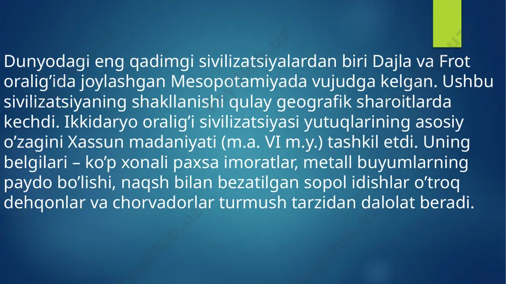 akkad davlatiga asos soldi va butun shumerni istilo qildi. sargon butun mesopotamiyani akkad davlati qo’l ostiga birlashtiradi. bundan tashqari u kichik osiyo, kipr, suriya, elam va hatto uzoq janubiy erongacha harbiy yurishlar qiladi. m.a. iv-iii ming yilliklarda shumer yozuvi paydo bo’ldi. taxminlarga ko’ra bu yozuv shumerlar mesopotamiyaga kelganga qadar noma’lum xalq tomonidan kashf qilingan. shumerlar bu yozuvni sivilizatsiya xizmatiga qo’ydilar. dastlab shumer yozuvi piktografik shaklda alohida buyumlar, tasvirlar tarzida ifodalangan. dastlab 1500 ga yaqin belgidan iborat piktografiya juda sodda bo’lib, haqiqiy yozuv emas edi qadimgi shumer va keyingi bobil maktablarida asosan davlat va ibodatxonalar uchun kotiblar tayyorlangan. maktablar ta’lim va madaniyat o’chog’i bo’lgan. maktabda asosan shumer tili va adabiyoti o’qitilgan. yuqori sinf o’quvchilari kelajakda tor mutaxassislashuvga qarab grammatika astronomiya va matematikadan bilim olganlar. o’zini fanga bag’ishlamoqchi bo’lgan o’quvchi bo’lsa huquq, astronomiya, tibbiyot va matematikani o’rgangan. image6.png image7.png image8.png image9.png image10.png image11.jpeg image12.png image13.png image14.jpeg image15.jpeg image16.png image17.png image18.jpeg image2.png image3.png …