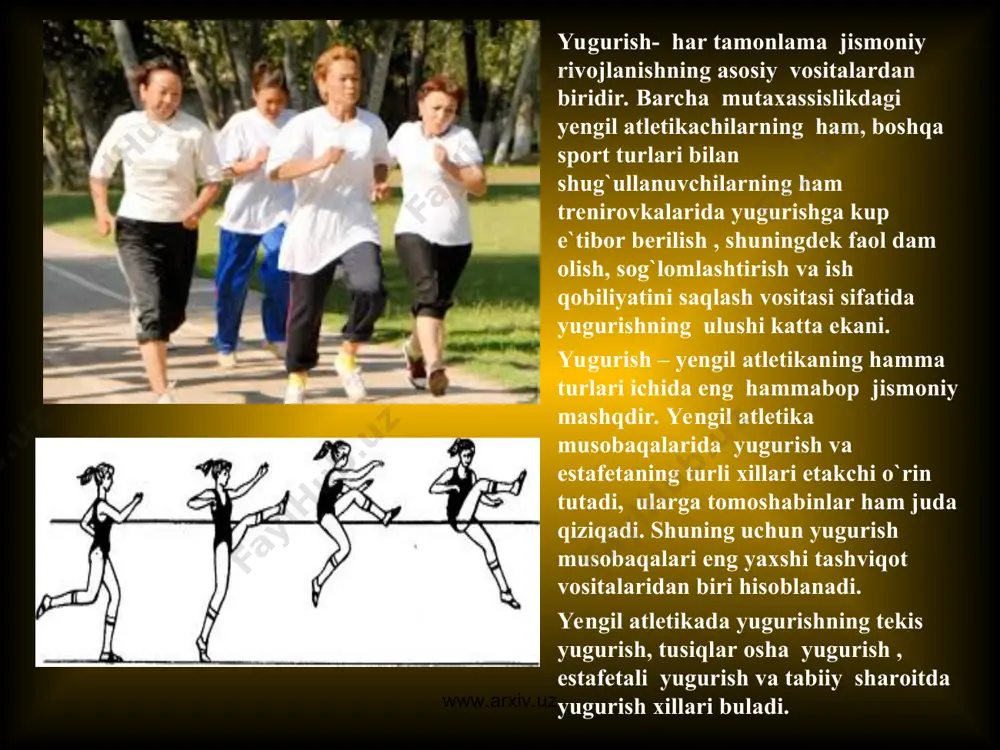 yugurish quproq maydon yo`lkalarida , ba`zan esa shahar ko`chalarida (aylanma va yuldo`zsimon estafetalar) o`tkaziladi. tabiiy sharoitda yugurish - bunda past-baland ochiq joylarda (kross) yugurilsa, 15 km va undan o`zok mosafalarga esa yullarda (shosseda, sukmok yullarda) yuguriladi. yengil atletikadagi eng o`zoq , ya`ni marofoncha masofa 42 km 195 m ga teng www.arxiv.uz www.arxiv.uz uloqtirish – maxsus snaryadlarni o`zoqlikka itqitish va uloqtirish mashqlaridir. bularning natijalari metr va santimetr bilan aniqlanadi. uloqtirish asab-musqo`l kuchlanishi qisqa vaqtda maksimal bulishi bilan harakterlidir. bunda qo`l, elka kamari va tana musqo`llarigina emas, balki oyoq musqo`llari ham faol qatnashadi.yengil atletika snaryadlarini o`zoqqa uloqtirish uchun, kuch, tezlik, chaqqonlik, yuqori darajada rivoj topgan bulishi va o`z kuchini yig`a bilmoq zarur. uloqtirish bilan shug`ullanish bu muhim fazilatlarni taraqqiy ettiribgina qolmasdan, butun tana musqo`llarining garmonik rivojlanishiga ham yordam beradi. www.arxiv.uz www.arxiv.uz yengil atletik uloqtirishlar ijro usulida qarab uch turga bo`linadi: 1) bosh ortidan boshlab uloqtirish (nayza va granata): 2) aylanib uloqtirish (disk, …