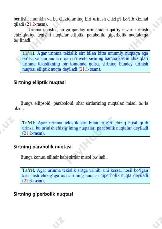 ini aniqlashda, chizma geometriyada sirtlarning ocherklarini yasashda keng qo‘llaniladi. o 3-savol. sirtning ixtiyoriy nuqtasi orqali urinma tekislik o‘tkazish sirtdagi ixtiyoriy nuqtadan yagona urinma tekislik o‘tadi. bu tekislik sirtning urinish nuqtasiga o‘tkazilgan bir juft kesishuvchi urinma to‘g‘ri chiziqlarning proyeksiyalari orqali tasvirlanadi (21.7,21.10-rasmlar). sirtning ixtiyoriy nuqtasiga urinma tekislik o‘tkazishga doir bir necha misollarini ko‘rib chiqamiz. 1-masala. sferaning a(a′, a″) nuqtasi orqali urinma tekislik o‘tkazilsin (21.7-rasm). echish. izlagan urinma tekislik urinish nuqtasi a(a′,a″) orqali o‘tkazilgan oa(o′a′,o″a″) radiusga perpendikulyar bo‘ladi. shunga ko‘ra, to‘g‘ri chiziq va tekislikning o‘zaro perpendikulyarlik shartiga asosan, a nuqtadan sferaning oa radiusiga perpendikulyar qilib, ikkita urinma to‘g‘ri chiziq, ya’ni gorizontal h(h′,h″) va frontal f(f′,f″) chiziqlar o‘tkaziladi. bu chiziqlar birgalikda izlangan urinma tekislikni ifodalaydi; 2-masala. (′,″) aylanish sirtining ixtiyoriy a(a′, a″) elliptik nuqtasi orqali unga urinma tekislik o‘tkazilsin (21.8-rasm). echish. izlangan urinma tekislikni sirtning a nuqtasi orqali o‘tgan paralleli va meridianiga urinma bo‘lgan to‘g‘ri chiziqlar orqali ifodalash qulaydir. urinma tekislikni ifodalovchi chiziqlarni …