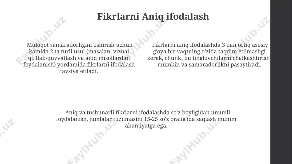gaplarni ishlatish, 3-5 ta asosiy fikrni urg'ulaydi va noaniqlikdan qochadi. samarali muloqot uchun rahbar 20% vaqtdan kamroq gapirish, faol tinglash va muloqot jarayonida hech bo'lmaganda 50% muloqat qatnashchisining fikrlariga quloq solishi kerak. qaror qabul qilishda tilning ta'siri noaniq yoki emotsional til, masalan, "muammo bor" degan ifoda, samarali muhokamaga to'sqinlik qilib, muammoni hal qilish vaqtini 2-3 barobarga uzaytirishi mumkin. rasmiy va norasmiy til uslublarini vaziyatga mos ravishda qo‘llash, masalan, jamoa yig‘ilishida va individual muloqotlarda, muloqot samaradorligini sezilarli darajada yaxshilaydi. qaror qabul qilish jarayonida aniq va tushunarli tilning qo‘llanilishi 30% ga yaqin xatoliklarni kamaytirishi va samaradorlikni 15% ga oshirishi mumkin. tinglash san'ati va muhimligi samarali tinglash, gapiradigan odamning 3 ta asosiy ehtiyojini – tushunish, qabul qilish va hurmatni qondirish orqali munosabatlarni mustahkamlaydi. tinglash san'ati, muloqotning 70-80% ini tashkil etadi va samarali jamoa ishi uchun muhim ahamiyatga ega bo'lgan faol jarayon hisoblanadi. tinglash san'ati, muloqotning 70-80% ini tashkil etadi va samarali jamoa ishi …