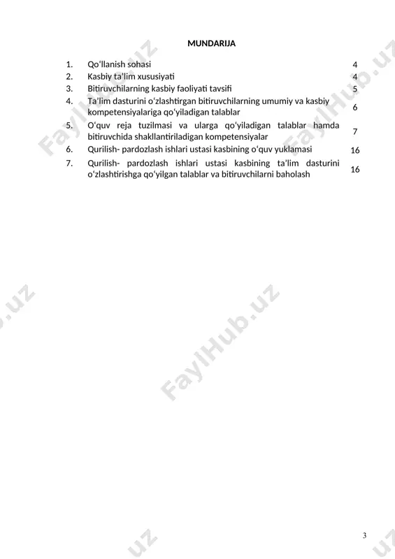 oq o‘quv muassasalarida va maxsus kurslarida malakani oshirishi; kasbiy faoliyatning tegishli sohasida yanada yuqoriroq malakaga erishish maqsadida oliy ta’lim muassasasida o‘qishni davom ettirishi mumkin. 2.4. o‘qishga qabul shartlari. o‘qishga qabul shartlari amaldagi qonunchilik asosida amalga oshiriladi. 3. bitiruvchilarning kasbiy faoliyati tavsifi 3.1. bitiruvchining kasbiy faoliyat sohasi: suvoq ishlari, devor va pol sirtlarini qoplash ishlari, bo‘yoq ishlari va oyna solish ishlarini o‘z ichiga olgan keng profildagi pardozlash ishlarini bajarish. pardozlash ishlari bino va inshootlar qurilishining yakunlovchi bosqichi bo‘lib, uning belgilangan muddatlarda sifatli bajarilishi binolarning uzoqqa chidamligini ta’minlash, sanitariya-gigiyena holatlarini yaxshilash, binoga dekorativ va estetik ko‘rinish berish ishlarini mehnat muhofazasi qoidalariga amal qilgan holda bajarish. 3.2. bitiruvchining kasbiy faoliyat ob’ektlari: 3.2.1. 1. keng profildagi pardozlash ishlari ustasi kvalifikatsiyasi bo‘yicha: · tashqi va ichki devor yuzalari; · pardoz ishlarida bo‘yoq, suvoq purkagichlar; · pardozlsh ishlarida ishlatiladigan mexanizm, asbob-uskunalar; · texnik-chizma va ma’lumotnoma hujjatlar. 3.3. 40730302 – qurilish- pardozlash ishlari ustasi kasbi bo‘yicha ta’lim …