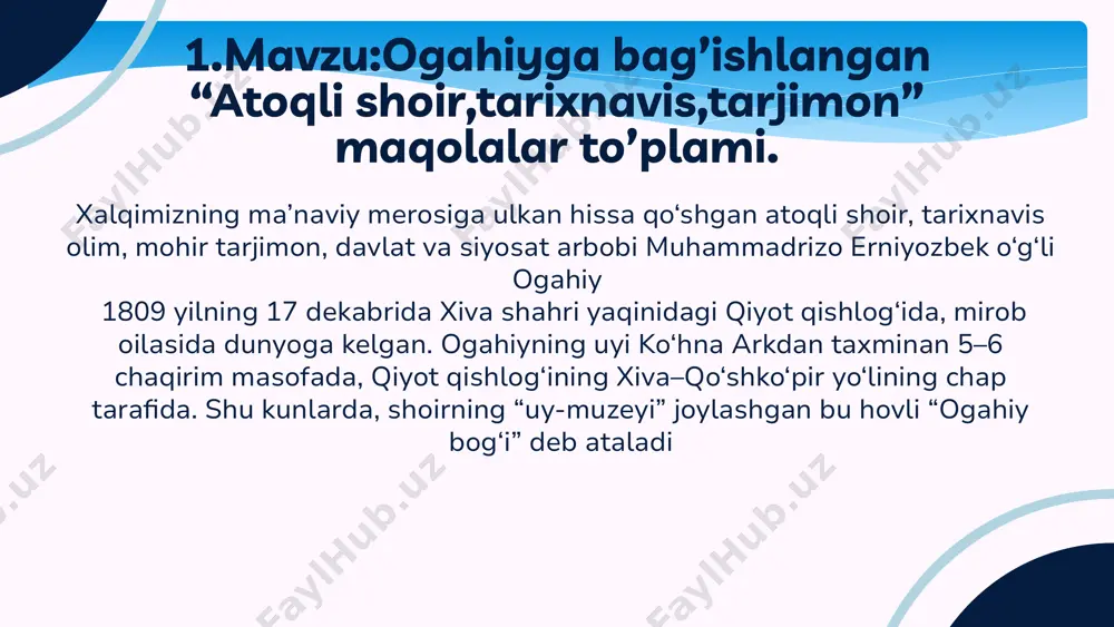 ing xalq tarixi va madaniyatiga qo‘shgan hissasi ilmiy asosda ochib berilgan. •to‘plam xiva xonligi davridagi adabiy jarayonlar va ularning bugungi kun uchun ahamiyati haqida ham qimmatli ma’lumot beradi. •muhammad rizo ogahiy ijodining adabiyot, tarix va tarjimonlik yo‘nalishlarida tutgan o‘rni maqolalarda batafsil tahlil qilingan. u yaratgan tarixiy asarlar, she’riy to‘plamlar va tarjimalar o‘zbek madaniy merosining muhim qismi sifatida baholanadi. •shuningdek, maqolalarda ogahiyning o‘zbek adabiyotiga olib kelgan yangiliklari, adabiy uslubi va she’riyati xususida ilmiy tahlillar ham keltirilgan. uning asarlarida xalqparvarlik, milliy ong va tarixiy tafakkur aks etgani alohida ta’kidlanadi. •ushbu maqolalar to‘plami ogahiyning boy merosini kengroq o‘rganish va uning ijodiy tamoyillarini chuqurroq anglashga imkon yaratadi. 1. kirish muhammad rizo erniyozbek o‘g‘li ogahiy – xix asr o‘zbek adabiyotining yirik vakillaridan biri. ogahiy ijodi g‘azal, qasida, ruboiy va masnaviy kabi she’riy janrlarda boy va mazmundor. u o‘z asarlarida insoniy tuyg‘ular, ma’naviyat, muhabbat va vatanparvarlikni aks ettirgan. “ogahiy xazinasi – tuyg‘ular anjumani” maqolalar to‘plami uning …