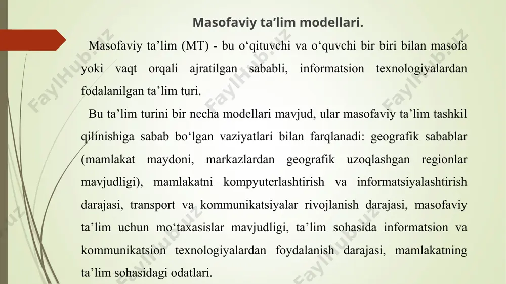 i tushunish tempida o‘tkaziladi. qulay o‘quv reja. o‘quv rejani talabalarga individual va davlat ta’lim talablariga mos holatda tashkil qilish mumkin. ma’lumotlar bazasini to‘planishi. oldingi o‘qigan talabalar bilimlarini to‘plash va undan foydalanish imkoniyati. kurgazmali qulayliklari. multimediya imkoniyatlaridan to‘lik foydalanish imkoniyati. malakali o‘qituvchilarni tanlab ta’lim jarayoniga jalb qilish. iqtisodiy yutuqlar va afzalliklarga quyidagilarni kiritish mumkin: cheksiz masofaga ta’lim berish. o‘qituvchi va o‘quvchilar o‘rtasidagi masofa hech qanday ahamiyatga ega emas. ish jarayoniga xalaqit bermasligi. o‘quvchi ishdan ajralmas holatda ta’lim oladi. o‘quvchilar sonini oshirilishi. masofaviy ta’lim texnologiyalarni to‘lik qullagan o‘quv muassasa talabalar soni 2-3 barobar oshishi mumkin. narxi. masofaviy ta’lim kurslari 2 va 3 barobar oddiy kurslarga qaraganda arzon. sotsial yutuqlar va afzalliklarga quyidagilarni kiritish mumkin: ijtimoiy guruhlarga ajratish yo‘qligi. masofaviy ta’lim kursida ikkinchi oliy yoki qo‘shimcha ma’lumot oluvchilar, malaka oshirish va qayta tayyorgarlik o‘tash istagida bo‘lganlar; ikkinchi paralel ma’lumot olishni xohlagan talabalar; markazdan uzoqda, kam o‘zlashtirilgan mintaqalar aholisi; jismoniy nuqsonlari bo‘lgan shaxslar; armiya …