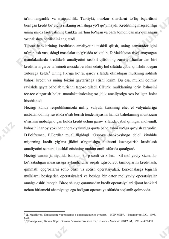 d.polfreman, f.fordlar muallifligidagi “osnovы bankovskogo delo” kitobida mijozning kredit yig‘ma jildini o‘rganishga e’tiborni kuchaytirish kreditlash amaliyotini samarali tashkil etishning muhim omili sifatida qaralgan[footnoteref:2]. [2: д.полфреман, филип форд. основы банковского дело. пер. с англ. - москва: ифра-м, 1996. -с.489-490.] hozirgi zamon jamiyatida banklar ko‘p sonli va xilma - xil moliyaviy xizmatlar ko‘rsatadigan muassasaga aylandi. ular orqali iqtisodiyot tarmoqlarini kreditlash, qimmatli qog‘ozlarni sotib olish va sotish operatsiyalari, korxonalarga tegishli mulklarni boshqarish operatsiyalari va boshqa bir qator moliyaviy operatsiyalar amalga oshirilmoqda. biroq shunga qaramasdan kredit operatsiyalari tijorat banklari uchun birlamchi ahamiyatga ega bo‘lgan operatsiya sifatida saqlanib qolmoqda. qisqa muddatli kreditlash bu kreditlash ob’ektlari, kreditlash metodlari, ya’ni kreditlash tamoyillari bo‘yicha kredit berish va qaytarish usullariga asoslangan holda kreditning kapital aylanishida qatnashishi tushuniladi. banklarning qisqa muddatli kreditlashini tashkil qilish turli mamlakatlarda davlatning me’yoriy-xuquqiy hujjatlariga asoslanadi. ya’ni, banklar uchun mijoz va bank talablarini, markaziy bankning me’yoriy hujjatlari, shuningdek, milliy tarixiy bank ishlarini hisobga olish zaruriyatini bildiradi. …