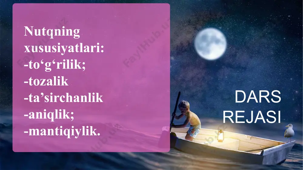 elishi tushuniladi. “o’rtoq rafiqam. ijozat berasiz, xushchaqcha hayotimizni sharaf bilan davom ettirib, oilaviy burchimizni namunali bajarib kelayotganimizga bir yil to‘lgan kunda sizni bevosita tabrik etishga”/ nutqning ta’sirchanligi asosan og’zaki jarayonda ruhiy vaziyatni inobatga olgan holda tinglovchiga yetkazish. “tilda ifodalilikni yuzaga keltirishga xizmat qiladigan imkoniyatlar juda ham ko‘p va xilma-xil. bunday imkoniyat hech bir istisnosiz tilning barcha sathlarida mavjud” n. mahmudov thank you image1.jpg image3.jpg image16.jpg image17.png image18.jpg image9.jpg image12.png image13.svg image14.png image19.jpg image2.jpg /docprops/thumbnail.jpeg