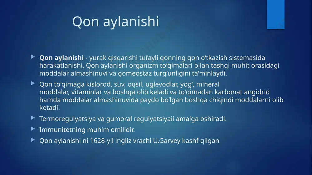 'ngachni, ko'krak qafasi va qorin devori to'qimalarini arterial qon bilan ta'minlaydi. uning qorin qismidan chiqadigan arteriya tomirlari oshqozon, ichaklar, jigar, taloqni, buyraklar va buyrak usti bezlarini arterial qon bilan ta'minlaydi. odam tanasidagi qon tomirlarning umumiy ko'rinishi. 1- bosh va bo'yin qon tomirlari; 2-qo'l tomirlari; 3- aorta; 4- o'pka venalari; 5- o'pka tomirlari; 6- me'da tomirlari; 7- taloq tomirlari; 8- ichak tomirlari; 9- oyoq tomirlari; 10- buyrak tomirlari; 11- jigar tomirlari; 12- pastki kovak vena; 13- yurakning chap qorinchasi; 14-yurakning o'ng qorinchasi; 15- yurakning o'ng bo'lmachasi; 16-yurakning chap bo'lmachasi; 17-o'pka arteriyasi; 18- yuqori kavak vena. izob: qizil rang - arteriya qoni; ko'k rang - vena qoni; yurak qon aylanish sistemasining markaziy qismi bo'lib, muskullardan tashkil topgan kovak organdir. har bir odam yuragining hajmi mushtiga yaqin bo'ladi. jismoniy mehnat va sport bilan shug'ullanuvchi kishilarda yurakning muskullari yaxshi rivojlanib, uning hajmi boshqalar yuragining hajmiga nisbatan kattaroq bo'ladi. yurakning massasi erkaklarda 220-300 g gacha, …