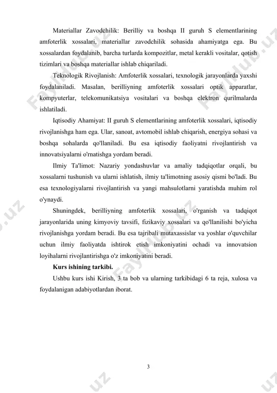 ga yordam beradi. bu esa tajribali mutaxassislar va yoshlar o'quvchilar uchun ilmiy faoliyatda ishtirok etish imkoniyatini ochadi va innovatsion loyihalarni rivojlantirishga o'z imkoniyatini beradi. kurs ishining tarkibi. ushbu kurs ishi kirish, 3 ta bob va ularning tarkibidagi 6 ta reja, xulosa va foydalanigan adabiyotlardan iborat. i bob. ii s guruh elementlarining tavsifi va xossalari. 1.1-§. ii guruh bosh guruhchasi elementlarining umumiy tavsifi. davriy sistemaning ikkinchi guruhning asosiy guruhchasiga berilliy, magniy, kalsiy, stronsiy, bariy va radiy elementlari kiradi. asosiy guruhcha elementlari bir-biridan xossalari bilan nihoyatda farq qiladi. ular atomlarining sirtqi qavatida ikkitadan elektron bo’lib, qaytaruvchilik xossalari ishqoriy metallarnikiga qaraganda kuchsizroq ifodalangan. kalsiy, stronsiy va bariy ishqoriy-yer metallar deb ataladi, ular yengil metallardir, faqat radiy radioaktiv xossaga ega bo’lgan og’ir metalldir. yer qobig’ida ca ning 6 ta, sr ning 4 ta, ba ning 7 ta barqaror izotopi bor. bulardan eng ko’p tarqalganlari 40ca (96,97%), 88sr (8,56%), 138ba (71,66%) dir. bu elementlar suyuqlanish …
