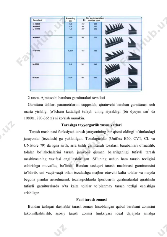 (3-rasm). 3rasm.directfeed ta’minlash bunkeri 1.yuqori bunker 2.integrallashgan havo taqsimlagich 3.ta‟minlovchi valik 4.qisuvchi nov 5.tituvchi valik 6.yopiq havo konturi 7.o’zi tozalanuvchan taroq 8.sensofeed moslashuvchan nov sensofeed moslashuvchan integrallangan nov yordamida ta‟minlovchi material qalinligi nazorat qilinib, dastlabki tozalash webfeed tizimiga uzatadi. uning ta‟minlovchi stolchasi tolalarni zichlab, nov tig’iga uzatadi. tig’ga material tegib, qalinroq joyi bilan uni qisman deformatsiyalaydi va bu ijrochi mexanizmga uzatilganda ta‟minlash tezligi mutanosib ravishda o’zgaradi. shunday yo’l bilan piltaning notekisligi kamaytiriladi. rostlashning pms aniq tizimi dastlabki tarash zonasida chiqindi miqdorini tezkorlikda rostlab turishga mo’ljallangan (4-rasm). 4-rasm. pms aniq tizimi 1.taminlovchi valik 2. rostlovchi yo’naltirgich 3. rыchag 4. chang so’ruvchi patrubka shlyapkali tarash mashinalarining yangiliklaridan biri shlyapkalarning rezbasiz mahkamlash, ya‟ni uzluksiz zanjirga shtiftlari bilan ilinishidir. ikkinchi konstruktiv yangiligi shlyapkalar profili duralyuminiydan, uning mustahkamligini oshirish uchun esa qovurg’asini baland qilib yasalganligi hisoblanadi (5-rasm). 1.allyuminiy profil 2.garnitura 3.ishqalanishgachidamli, issiqbardosh shtift 4.plastikdan yasalgan tashuvchi 5.tozalovchi kigiz 5-rasm.tarash mashinasining shlyapkasi. shlyapkadagi yana bir yangilik …