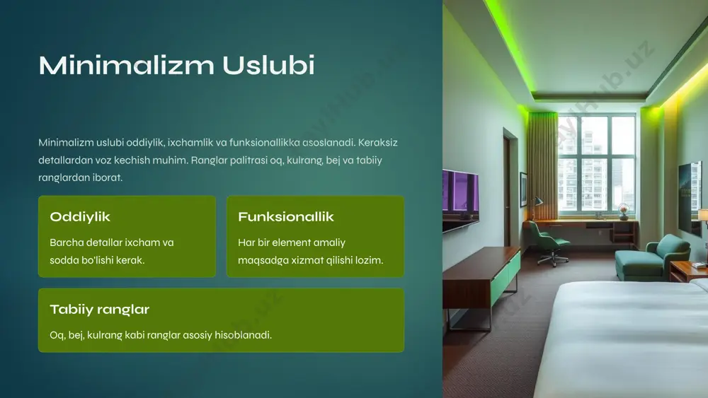 birlashishi va o'ziga xos kombinatsiyalarni yaratishdir. ranglar, materiallar va detallar bilan tajriba o'tkazish muhim. ijodiy va individual dizayn afzal. 1 ranglar bilan tajriba 2 materiallar kombinatsiyasi 3 ijodiy dizayn 8 yangi tendensiyalar va innovatsiyalar interaktiv texnologiyalar va aqlli dizayn yangi tendensiyalardir. virtual reallik va 3d vizualizatsiya mijozlar tajribasini yaxshilashda muhim rol o'ynaydi. 1 interaktiv texnologiyalar 2 aqlli dizayn 3 virtual reallik 9 xulosa zamonaviy dizayn uslublari mehmonxonalar jozibadorligini oshirishda muhim rol o'ynaydi. mijozlar ehtiyojlarini inobatga olgan holda to'g'ri uslubni tanlash zarur. dizayn orqali mehmonxona brendini yaratish va mustahkamlash mumkin. 1 2 3 mijozlar ehtiyojlari to'g'ri uslubni tanlash brendni yaratish 10 image6.png image7.png image8.png image9.png image10.png image11.png image12.png image13.png image14.png image15.png image16.png image17.png image18.png image19.png image20.png image21.png image22.png image23.png image24.png image25.png image26.png image2.png image3.png image4.png image5.png
