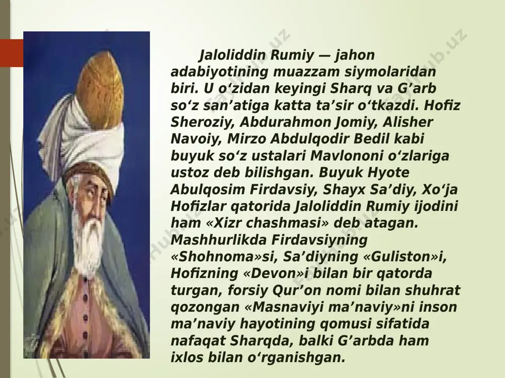 ir", "devoni shamsi tabriziy", "devoni shamsul haqoyiq" degan nomlar bilan mashhur devon. devon g‘azal va ruboiylardan iborat. 2. "masnaviyi ma’naviy" - 25700 baytdan iborat bebaho tasavvufiy-ishqiy asar. so’nggi yillarda taniqli o‘zbek shoiri jamol kamol tomonidam i-ii - jildlari, shoir asqar mahkam tomonidan i-jildi o‘zbek tilida nashr etildi. 3. "fiyhi ma fiyhi" ("ichingdagi ichingdadir") - mavlononing suhbatlaridan iborat falsafiy kitob. 1998 yilda toshkentda o‘zbek tilida nashr etildi. 4. "mavoizi majolisi sab’a" - bu asar rumiyning yetti o‘git va pand-nasihatlaridan iborat. 5. "maktubot" - mavlononing turli davrlarda zamondoshlariga yozgan maktublaridan tashkil topgan to‘plam. jaloliddin rumiy ijodi yuksak badiiyati bilangina emas, balki mantiq kuchi, falsafiy fikrlarga boyligi bilan ham katta ta’sir quvvatiga ega. taniqli olim va adib radiy fish so‘zlari bilan aytganda, shoirning «mavhum mantiqiy kategoriyalarda emas, balki otashin shoirona timsollar vositasida» talqin etilgan tabiat va jamiyat hodisalarining doimiy o‘sish, o‘zgarishda ekani, eskining yo‘qolib, yangining paydo bo‘lishi — «dunyoning ziddiyatlar birligidagi ziddiyatlar jangi»dan …