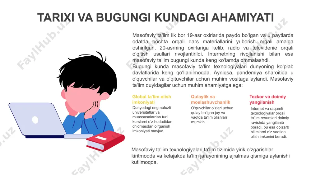 lim olishni yanada samarali amalga oshirishi mumkin bo‘ladi. moslashuvchan ta'lim o‘quvchilar va talabalar uchun qulaylik yaratadi, ayniqsa, ular ish yoki boshqa faoliyat bilan band bo‘lganda. masofaviy ta'lim bu imkoniyatni yanada kengaytiradi. 3. ta'limning kengayishi va globalizatsiyasi xalqaro masofaviy ta'lim dasturlari orqali o‘zbek talabalariga turli fanlar bo‘yicha xalqaro sertifikatlar va diplomlar olish imkoniyati kengayadi. bu ularning o‘z sohalarida malakali kadrlar bo‘lishiga yordam beradi. masofaviy ta'lim imkoniyatlari o‘zbekiston o‘quvchilariga xalqaro universitetlar va ta'lim platformalarida dars olish imkonini beradi. bu esa yoshlarni xalqaro standartlarda ta'lim olish va dunyo bilan raqobatlasha oladigan darajada bilim olish imkonin beradi. 4. qulay va tejamkor ta'lim modeli masofaviy ta'lim orqali o‘qitish xarajatlari kamayishi kutilmoqda, chunki ko‘p hollarda o‘quv binolari yoki jihozlar talab qilinmaydi. bu ayniqsa qishloq va olis hududlarda o‘quvchilar uchun tejamkor ta'lim imkoniyatlarini yaratishga yordam beradi. masofaviy ta'lim modeli uzoq hududlarda yashovchi talabalar va o‘qituvchilar uchun yangi imkoniyatlar yaratib, ular uchun qulay va arzon ta'lim olish imkonini …