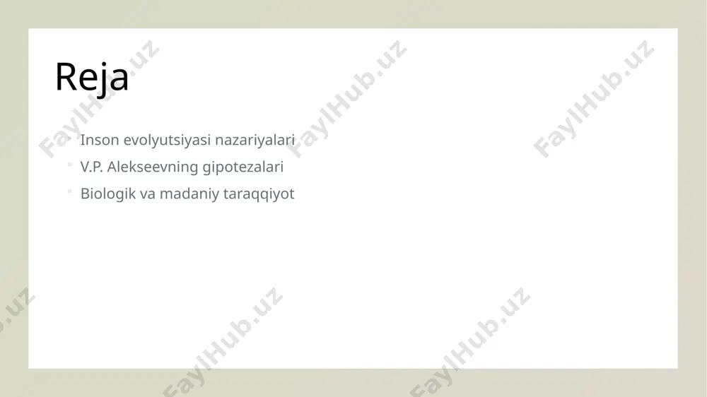 evolyutsiyaga ta'sir ko'rsatadi, bu esa insonning ijtimoiy strukturalari, til va texnologiya rivojlanishi bilan bog'liq bo'lgan jarayonlarni o'z ichiga oladi. v.p. alekseevning inson evolyutsiyasiga oid gipotezalari va ularning umumiy xususiyatlari. alekseev gipotezalari biologik asoslar madaniy ta'sir v.p. alekseev inson evolyutsiyasiga oid bir qator gipotezalarni taklif etdi, ular biologik va madaniy omillarni birlashtiradi va rivojlanish jarayonlarini tushuntiradi. alekseevning gipotezalari biologik omillar, masalan, genetik o'zgarishlar va atrof-muhit ta'sirini ta'kidlaydi, inson evolyutsiyasining murakkabligini ochib beradi. u madaniyatning rivojlanishini biologik taraqqiyot bilan bog'lab, insonning ijtimoiy xulq-atvorini va madaniy o'zgarishlarni qanday shakllantirganini tahlil qiladi. biologik va madaniy taraqqiyot: alekseev gipotezalarining muhim jihatlari. 01 biologik taraqqiyot v.p. alekseevning gipotezalarida biologik taraqqiyot inson evolyutsiyasining asosiy jihatlaridan biri sifatida ko‘riladi, uning genetik o‘zgarishlari muhim ahamiyatga ega. 02 madaniy taraqqiyot madaniy taraqqiyot alekseev nazariyalarida insonning intellektual va ijtimoiy rivojlanishini belgilaydi, bu jarayon madaniy meros va an'analarning o‘rganilishini talab qiladi. 03 o‘zaro ta'sir alekseev gipotezalarida biologik va madaniy taraqqiyot o‘rtasidagi o‘zaro …