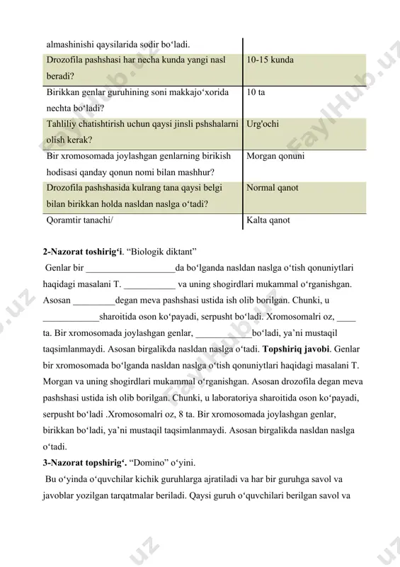 nisbati meyoz jarayonida geterogametali individlar bir xil miqdorda x va y xromosomali gametalar hosil qiladi. shu sababli, jinsiy ko‘payishdan keyin hosil bo‘lgan erkak va urg‘ochi individlar soni teng bo‘ladi. masalan, erkaklari geterogametali bo‘lgan organizmlar (drozofi la)da jinsning irsiylanishi 48-rasmda berilgan. ba’zi organizmlarda geterogametalilik bir jinsiy xromosomani yo‘qolishi bilan aloqador. shunga ko‘ra gomogametali organizm xx, geterogametali organizm xo bo‘ladi. qandalalar va ninachilarning urg‘ochi organizmda xx, erkagida xo, kuyakapalagida esa aksincha urg‘ochilarida xo, erkaklarida xx jinsiy xromosomalar mavjud. shunga ko‘ra qandala erkagida 13 ta xromosoma, urg‘ochisida 14 ta xromosoma bo‘ladi. undan 12 tasi autosoma xromosomalari hisoblanadi. drozofilla pashshasida urug’lanish jins belgilanishining xromosoma mexanizmi odamda ham xuddi drozofiladagi kabi bir xil. odam xromosomalarining diploid soni – 46 ta. shu songa 22 juft autosoma va 2 ta jinsiy xromosoma kiradi. ayollarda jinsiy xromosomalar xx, erkaklarda – xy-xromosomadan iborat bo‘ladi. shunga ko‘ra, erkaklarda ikki xil spermatozoidlar – x va y-xromosomali spermatozoidlar hosil bo‘ladi odam kariotipi: …