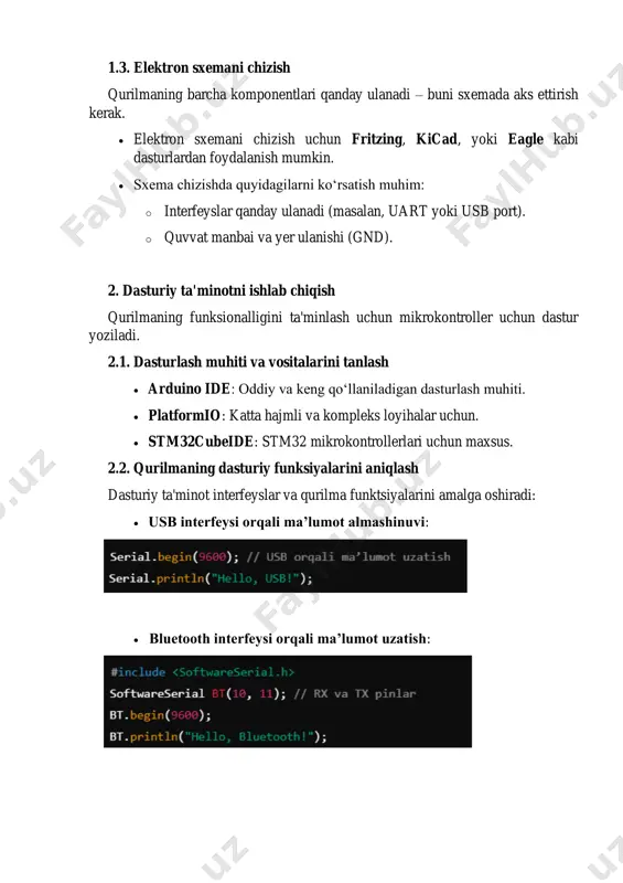 mikrokontrollerning quvvat manbai barqarorligini tekshiring. • qurilma bilan aloqa qilish uchun dasturiy vositalarni tayyorlang (masalan, terminal dasturi yoki mobil ilova). 3.2. interfeyslarni sinash sinov jarayonida qurilmaning barcha interfeyslari tekshiriladi: 1. usb interfeysi: • kompyuterga usb orqali ulang va ma’lumot uzatilayotganini tekshiring. • terminal dasturida qurilmadan kelayotgan ma’lumotlarni ko‘ring. 2. bluetooth interfeysi: • qurilmani smartfon yoki boshqa qurilmaga ulab, ma’lumot almashinuvi imkoniyatlarini tekshiring. • oddiy test: qurilma "hello, bluetooth!" xabarini yuborsin. 3. wi-fi interfeysi: • qurilmaning tarmoqka ulanishini va server bilan ma’lumot almashishini sinovdan o‘tkazing. • masalan, qurilma tarmoq orqali vaqtni serverdan oladi. 3.3. qurilmaning vazifalarini tekshirish • qurilmaning asosiy vazifalarini amalga oshirayotganini tekshiring. masalan: usb orqali kompyuterdan ma’lumot yuboring va uning bluetooth orqali smartfonga yetib borganini tekshiring. 4. xatolarni aniqlash va tuzatish sinov jarayonida aniqlangan xatolarni bartaraf etish kerak: • apparat xatolari: o notog‘ri ulanishlarni tekshiring (masalan, tx va rx pinlari noto‘g‘ri ulangan bo‘lishi mumkin). o komponentlarning quvvat talablari mosligini …