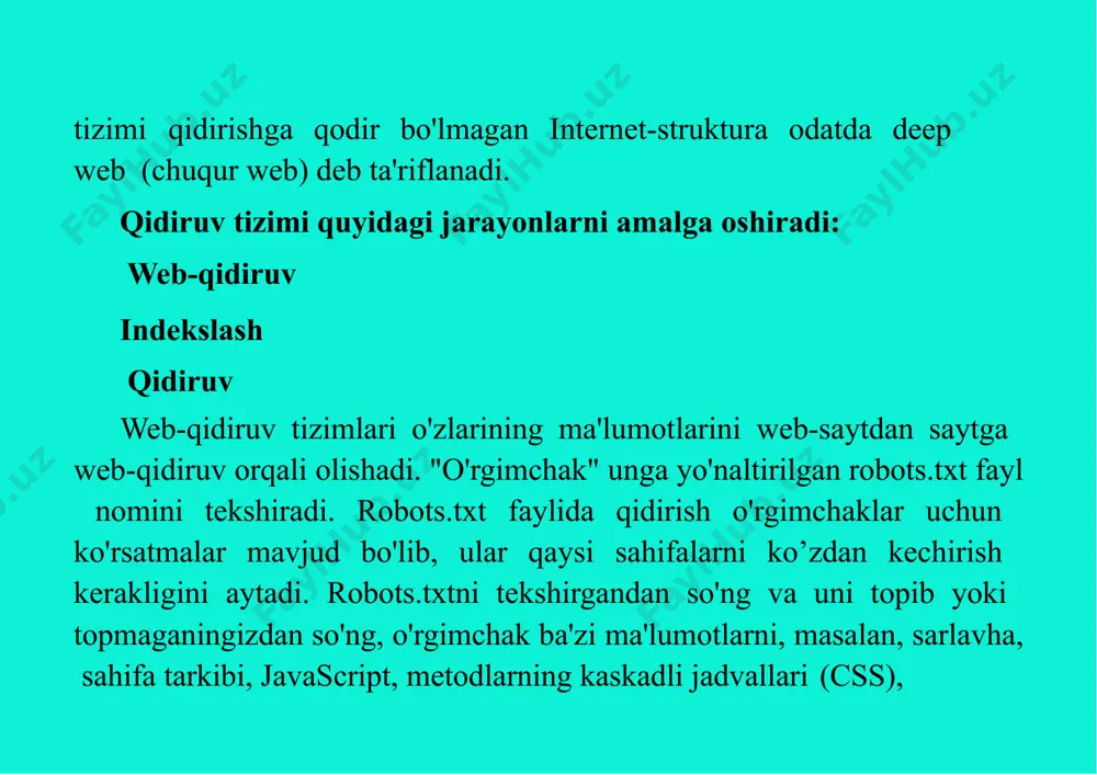 web-sahifalarni barcha ro'yxatdagi har bir sahifa indekslardagi ma'lumotlarga muvofiq o'lchanishi kerak. so'ngra qidiruv natijalarining yuqori qismida topilgan kalit so'zlarning kontekstini ko'rsatuvchi parchalarni qidirish, qayta qurish va belgilash talab etiladi. bular har bir qidiruv natijalarini web-sahifani qayta ishlashning faqat bir qismi, keyingi sahifalar (yuqoridagi keyingi) esa ushbu postga ishlov berishni ko'proq talab qiladi. 2. eng mashhur qidiruv tizimlari va ularning reytingi so'nggi statistik ma'lumotlar (2020 yil aprelda yangilangan) shuni ko'rsatadiki, google butun dunyo bo'ylab eng mashhur qidiruv tizimi bo'lib, uning bozordagi ulkan 87,35 foiz ulushi bor. shunga qaramay, e'tiborga olish kerak bo'lgan boshqa qidiruv tizimlari mavjud va eng yaxshi 10 tasini quyida keltiramiz. google bing yahoo baidu yandex.ru duckduckgo ask.com aol.com wolframalpha internet archive qidiruv tizimlarining 2020-yil aprel oyidagi dunyo bozoridagi ulushi google qidiruv tizimlari giganti birinchi o'rinni ajoyib natija bilan bing o'rniga ikkinchi o'rindan 76% farq bilan egallab turibdi. yuqoridagi jadvalda ko'rinib turibdiki, google har qanday qurilmada (ish stoli, mobil …