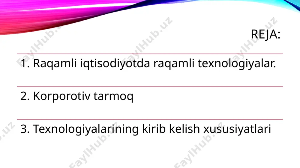 a ikkilik fayllar bilan o'zaro muloqot qilishga sharoit yaratib beruvchi fayllar uzatish protokoli. uzoqdagi kompyuter fayllari shaxsiy kompyuterga nusxalashgandan keyingina unda ishlash uchun (o'qish, ishlov berish va b.k)kirish imkoniyati beriladi. fayllarni bir joydan ikkinchi joyga uzatish www yordamida amalga oshirilgan taqdirda ham ftp-sistemasi o'zining tezkorligi va foydalanishdagi oddiyligi tufayli ommaviy xizmat turi bo'lib qolmoqda. usenet (usenetwewsqroupe)- tarmoq yangiliklari va tarmoqdagi elektron e’lonlar doskasini olish. bu sistema ma'lum bir mavzu bo'yicha guruhlarga bo'lingan hujjat (maqola)lar yigindisi sanaladi. o’zbekistonda yo’zaga kelgan vaziyat iqtisodiyotning rivojlanishini intensiv yo’lga o’tkazishni, resurslarning barcha turlaridan oqilona foydalanishni, ishlab chiqarishga tobora takomillashgan mehnat qurollarini joriy etishni juda ham muhim vazifa qilib qo’ymoqda. korxonalarni texnik jihatdan qayta qurollantirish, kam chiqitli va chiqitsiz texnologiyalardan, ilіor konstruktsiyali materiallardan foydalanish dasturlarini amalga oshirish asosidagina mehnat unumdorligini o’stirish, mahsulot sifatini yaxshilash, aholining harid talabini qondirish, ilm - fan ishlab chiqarish tarmoqlarni, ayniqsa, elektronika, asbobsozlik, hisoblash texnikasi, aloqa vositalari ishlab chiqarishlarini rivojlantirish vazifasi kelib …