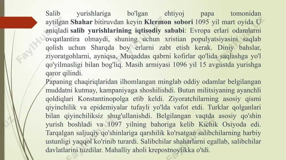 konrad qoʻshinlarining qoldiqlari quddusga yetib kelishdi va 1148-yilda damashqga notoʻgʻri hujum qiladilar va bu ularning chekinishi bilan yakunlandi. oxir oqibat, sharqdagi salib yurishi salibchilar uchun omadsizlik, musulmonlarning esa gʻalabasi boʻldi. bu oxir-oqibatda quddusning qulashiga asosiy taʼsir koʻrsatadi va bu xii asr oxirida uchinchi salib yurishining boshlanishiga sabab boʻladi. ikkinchi salib yurishida salibchilar muqaddas yerda oʻz maqsadlariga erisha olmadi, ammo boshqa joylarda gʻalabalarga erishdilar. ulardan eng muhimi 1147-yilda 13 000 nafar flamand, friz, norman, ingliz, shotland va nemis salibchilarning birlashgan qoʻshiniga toʻgʻri keldi. angliyadan kemada muqaddas zaminga yoʻlga chiqqan qoʻshin shu yerda toʻxtab, ularga yordam berdi. kichikroq (7000 kishilik) portugal armiyasi lissabonni egallagan va uning mavriy aholisini quvib chiqargan. uchinchi salib yurishi(1189–1192) qudratli misr sultoni saladinning 1187-yil 2-oktabrda quddusni zabt etishi (qarang: saladinning quddusni bosib olishi). ushbu kampaniyada evropaning uchta suvereniteti ishtirok etdi: imperator frederik i barbarossa, frantsiya qiroli filipp ii avgust va ingliz richard arslon. uchinchi salib yurishiga birinchi bo'lib …