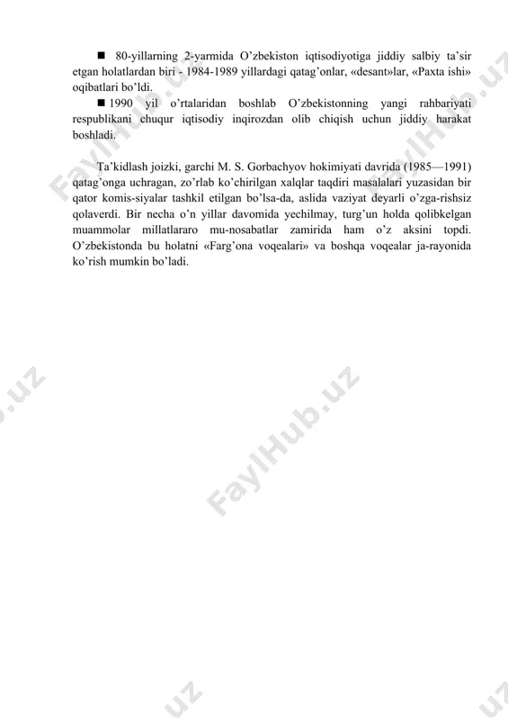qish uchun jiddiy harakat boshladi. ta’kidlash joizki, garchi m. s. gorbachyov hokimiyati davrida (1985—1991) qatag’onga uchragan, zo’rlab ko’chirilgan xalqlar taqdiri masalalari yuzasidan bir qator komis-siyalar tashkil etilgan bo’lsa-da, aslida vaziyat deyarli o’zga-rishsiz qolaverdi. bir necha o’n yillar davomida yechilmay, turg’un holda qolibkelgan muammolar millatlararo mu-nosabatlar zamirida ham o’z aksini topdi. o’zbekistonda bu holatni «farg’ona voqealari» va boshqa voqealar ja-rayonida ko’rish mumkin bo’ladi. farg’ona voqealarining kelib chiqishi o’zbekiston prezidenti i.a.karimov farg’ona fojia-lari haqida shunday degan edi: «farg’onadagi voqealar va undan keyingilar turli millat kishilari o’rtasida ishonchsizlik tug’dirdi. bularning hammasini kimlar boshladi? imonim komilki, ushbu voqea-hodisalarning markazi respublikadan tashqaridadir. bozor munosabatlariga o’tish davrida ittifoqdosh respublikalarning ahvoli tang bo’lishi kimlargadir juda zarur. ana shunday vaziyatda istalgan payt-da ularning ichki ishlariga aralashish va masalani xohlagan tarafga qarab hal etish mumkin bo’ladi»1. farg’ona fojiasi. 1989— yilning may-iyun oylarida farg’onada fojiali voqealar sodir bo’ldi. 45 yil muqaddam stalin bedodligi natijasida o’z yeridan badarg’a qilingan mesxeti turklarini …