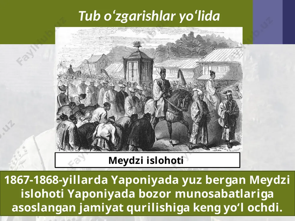 onida mag‘lubiyatga uchradi. bu hol yaponiyaning uzoq sharqda ustunlikka ega bo‘lishiga yo‘l ochdi. 1910-yilda yaponiya koreya yarimorolini harbiy kuch bilan o‘ziga qo‘shib oldi. koreyada yapon general-gubernatori cheklanmagan hokimiyatga ega bo‘ldi. savol va topshiriqlar 1. meydzi islohotining mohiyatan inqilobga teng ekanligini dalillar bilan asoslab bering. 2. yaponiya taraqqiyotining o‘ziga xos xususiyatlari bilan rossiya taraqqiyotining o‘ziga xos xususiyatlarini taqqoslang. 3. yaponiya iqtisodiyotiga davlat aralashuvi qay yo‘sinda amalga oshirildi? 4. 1889-yilgi yaponiya konstitutsiyasi 1875-yilgi fransiya konstitutsiyasidan qay jihatlari bilan farq qiladi? 5. yaponiya bosqinchi tashqi siyosat yuritmasligi mumkin edimi? image2.jpg image3.jpeg image4.jpeg image5.jpeg image6.jpeg image7.jpeg image8.jpeg image9.jpeg image10.jpeg image11.jpeg image12.jpeg image13.jpeg image14.jpeg image15.jpeg image1.jpg
