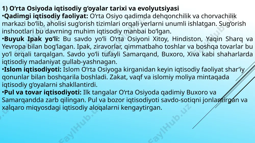 rildi. biroq, iqtisodiyotni markazlashgan boshqarish mintaqa iqtisodiyotini moskvaga qaram qilib qo‘ydi. rejalashtirilgan iqtisodiyot: sovetlar o‘rta osiyoda besh yillik reja asosida iqtisodiyotni boshqarar edi. bu rejalashtirilgan iqtisodiy tizim, resurslarni teng taqsimlash va mintaqa infratuzilmasiga katta ta’sir ko‘rsatgan. o‘rta osiyo iqtisodiy resurslari: paxta, gaz, oltin va uran sovet ittifoqi uchun muhim iqtisodiy manbalar bo‘lgan. bu resurslar sovet davlati uchun muhim eksport tovarlari edi. 4). o‘zbekistonda va o‘rta osiyoda mustaqillikdan keyingi iqtisodiy islohotlar mustaqillik davridagi iqtisodiy o‘zgarishlar: 1991-yilda mustaqillikka erishgandan keyin, o‘zbekistonda davlat boshqaruvida liberallashuv va xususiylashtirish jarayonlari boshlandi. sovet iqtisodiy tizimidan bozor iqtisodiyotiga o‘tish uchun ko‘p yillik islohotlar amalga oshirildi. iqtisodiy islohotlar va investitsiyalar: o‘zbekistonda va mintaqaning boshqa davlatlarida xorijiy investitsiyalarni jalb qilish uchun iqtisodiy qonunchilikni qayta ko‘rib chiqish, imtiyozlar taqdim etish kabi chora-tadbirlar amalga oshirildi. paxta va gaz kabi asosiy mahsulotlarga eksport imkoniyatlari kengaydi. qishloq xo‘jaligidagi islohotlar: paxta ishlab chiqarish va chorvachilik sohalarida qayta islohotlar o‘tkazilib, xususiy fermer xo‘jaliklari kengaydi. milliy …
