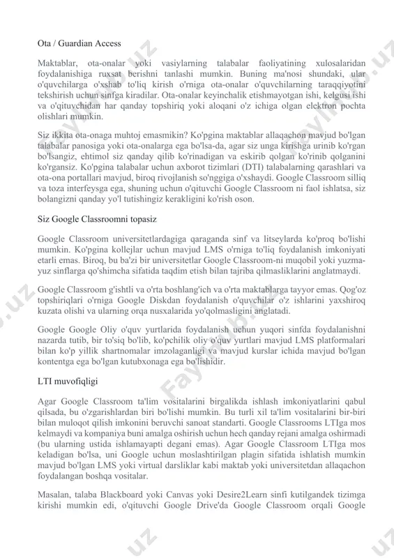 bu ba'zi bir universitetlar google classroom-ni muqobil yoki yuzma-yuz sinflarga qo'shimcha sifatida taqdim etish bilan tajriba qilmasliklarini anglatmaydi. google classroom g'ishtli va o'rta boshlang'ich va o'rta maktablarga tayyor emas. qog'oz topshiriqlari o'rniga google diskdan foydalanish o'quvchilar o'z ishlarini yaxshiroq kuzata olishi va ularning orqa nusxalarida yo'qolmasligini anglatadi. google google oliy o'quv yurtlarida foydalanish uchun yuqori sinfda foydalanishni nazarda tutib, bir to'siq bo'lib, ko'pchilik oliy o'quv yurtlari mavjud lms platformalari bilan ko'p yillik shartnomalar imzolaganligi va mavjud kurslar ichida mavjud bo'lgan kontentga ega bo'lgan kutubxonaga ega bo'lishidir. lti muvofiqligi agar google classroom ta'lim vositalarini birgalikda ishlash imkoniyatlarini qabul qilsada, bu o'zgarishlardan biri bo'lishi mumkin. bu turli xil ta'lim vositalarini bir-biri bilan muloqot qilish imkonini beruvchi sanoat standarti. google classrooms ltiga mos kelmaydi va kompaniya buni amalga oshirish uchun hech qanday rejani amalga oshirmadi (bu ularning ustida ishlamayapti degani emas). agar google classroom ltiga mos keladigan bo'lsa, uni google uchun moslashtirilgan plagin …