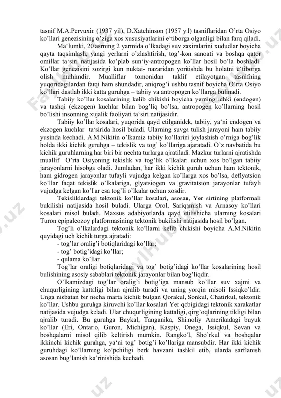 arjon ko’llar, ikkilamchi ko’llar kurinishidagi 3 turga ajratiladi. atropogen ko’llar – insonning xujalik faoliyati natijasida paydo buladi va 3 turga bulinadi. meteorit ko’llar – yer sirtiga meteoritlarning tushishi natijasida hosil bo’lgan botiqlarda paydo buladi va ular 2 turga ajratiladi. yuqorida qayd etilganlardan ma‘lum buladiki, ko’pchilik ko’llarning hosil bulishi tektonik xarakatlar yoki muzliklar faoliyati bilan bog’lik ekan. jumladan, yer sirti quruqlik qismining 30% idagi landshaft zonalarining hosil bulishi muzliklarning faoliyati bilan bog’lik va bu yerlar ko’llar sonining beqiyos darajada ko’pligi bilan ajralib turadi. masalan, d.mark va m. gudchayld ma‘lumotlari buyicha kanada qalqonida 1:50000 masshtabli kartadan aniqlangan ko’llar zichligi 0,4-0,6 km2/km2 bulib, soni 2000000 dan ortiq. 2 o’rta osiyo ko’llari genezisi xaqida. o’rta osiyo ko’llari genezisi masalalari ko’plab tadqiqotchilar e‘tiborini tortgan. mazkur muammoni o’rganish dastlab n.l.korjenevskiy, n.g.malitskiy, l.a.molchanov va boshkalarning tadqiqotlarida yoritila boshlagan bo’lsa, keyinchalik v.n.reyzvix, a.m.nikitin, a.v.shvitnikov tomonidan davom ettirilgan. natijada 20 asrning 80- yillarida yaratilgan ushbu tasnif m.a.pervuxin (1937 yil), …