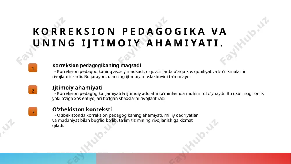 ishi metodlarning samaradorligini oshiradi. interaktiv usullar, muhokama va jamoaviy ishlar bu jarayonda muhim rol o'ynaydi. 3 innovatsion texnologiyalar ta'limda innovatsion texnologiyalar, masalan, internet resurslari va multimedia vositalari, darslarni qiziqarli va samarali qilishda yordam beradi, o'quvchilarning motivatsiyasini oshiradi. 4 didaktik strategiyalar didaktik strategiyalarni qo'llash, masalan, individual yondashuvlar va farqli metodlar orqali ta'lim jarayonida o'quvchilarni muammolarni hal qilishga rag'batlantiradi, natijada samaradorlik oshadi. o'zbekiston kontekstida ta'lim metodlari va vositalarining o'ziga xosligi. 01 o'zbekiston ta'limi o'zbekistonda ta'lim tizimi, an'anaviy qiyofasi bilan birga, yangi innovatsion metodlar va vositalarga ehtiyojni oshirib bormoqda. 02 madaniy kontekst ta'lim metodlari o'zbekistonning madaniy va ijtimoiy kontekstini hisobga olgan holda shakllanadi, bu esa o'quvchilarning motivatsiyasini oshiradi. 03 innovatsion yondashuvlar o'zbekistonda ta'limda innovatsion yondashuvlar, masalan, elektron ta'lim va interaktiv metodlar, o'quv jarayonini takomillashtirishga xizmat qiladi. 04 ta'lim vositalari ta'lim vositalari, jumladan, multimedia materiallar va o'yinlar, o'zbekiston talabalari uchun o'quv jarayonini qiziqarli va samarali qiladi. innovatsion ta'lim metodlari: texnologiyalarning roli. 1 innovatsion metodlar …