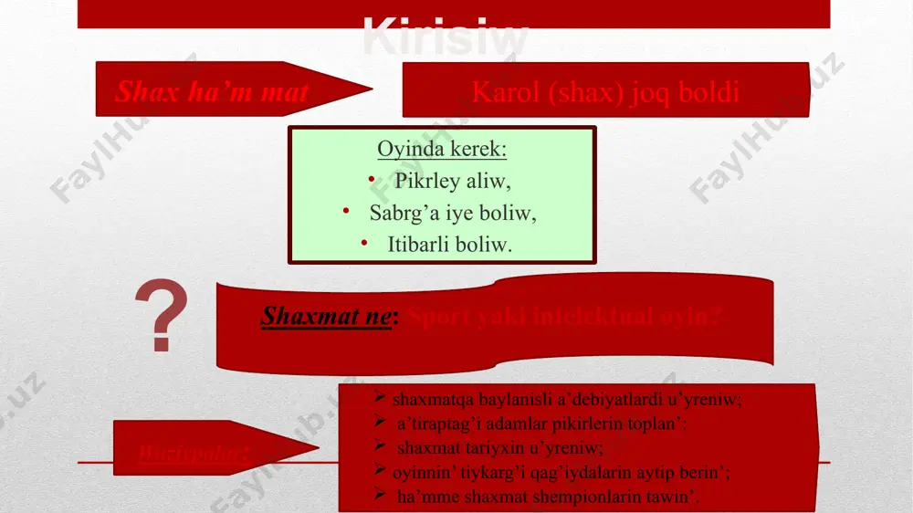 ı shólkemlestiriw 1924 jıl 20 iyulda parijde sho’lkemlestirilgen óz bayraǵi hám gimni bar, fide uranı : «biz hámmemiz bir shańaraqpız » fide ma’xqetleri: bul milliy shaxmat federatsiyalarin birlestirgen xalıq aralıq sport shólkemi shaxmat boyınsha jáhán chempionlari shaxmatti ǵalabalastırıw : vilgelm shtaynits shaxmat boyınsha birinshi jáhán chempionı boldı taǵı : shaxmat taxtasi hár bir kletkanıń óz atı bar kletkalar etiketlanadi: gorizontal túrde latin háriplerinde a dan h ge shekem, vertikal túrde 1 den 8 ge shekem nomerlerde tómennen joqarıǵa. aq taslar oyındı baslaydı. háreketler gezek penen ámelge asıriladı, hár biri 1. hár bir bólektiń háreketi tómendegi diagrammalarda kórsetilgen. hár bir bólek óz háreket qaǵıydalarına iye. oyındıń tiykarǵı qaǵıydaları : shax háreketi xanzada háreketi at háreketi fil háreketi tuwra háreketi 10 oyındıń tiykarǵı qaǵıydaları : eger shax qadaǵalawda bolsa hám basqa háreketler bolmasa, bul mat bolıp tabıladı. eger oyınshı óz gezeginde háreketke iye bolmasa, lekin patsha qadaǵalawda bolmasa, bul teńlik bolıp tabıladı. …