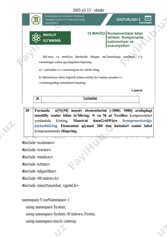)->begininit(); this->suspendlayout(); // // datagridview1 // this->datagridview1->columnheadersheightsizemode = system::windows::forms::datagridviewcolumnheadersheightsizemode::autosi ze; this->datagridview1->location = system::drawing::point(12, 70); this->datagridview1->name = l"datagridview1"; this->datagridview1->size = system::drawing::size(400, 250); this->datagridview1->tabindex = 0; // // button1 // this->button1->location = system::drawing::point(337, 12); this->button1->name = l"button1"; this->button1->size = system::drawing::size(75, 23); this->button1->tabindex = 1; this->button1->text = l"fill array"; this->button1->usevisualstylebackcolor = true; this->button1->click += gcnew system::eventhandler(this, &myform::button1_click); // // label1 // this->label1->autosize = true; this->label1->location = system::drawing::point(12, 39); this->label1->name = l"label1"; this->label1->size = system::drawing::size(86, 13); this->label1->tabindex = 2; this->label1->text = l"enter n and m:"; // // textbox1 // this->textbox1->location = system::drawing::point(104, 36); this->textbox1->name = l"textbox1"; this->textbox1->size = system::drawing::size(58, 20); this->textbox1->tabindex = 3; // // textbox2 // this->textbox2->location = system::drawing::point(168, 36); this->textbox2->name = l"textbox2"; this->textbox2->size = system::drawing::size(58, 20); this->textbox2->tabindex = 4; // // myform // this->autoscaledimensions = system::drawing::sizef(6, 13); this->autoscalemode = system::windows::forms::autoscalemode::font; this->clientsize = system::drawing::size(424, 332); this->controls->add(this->textbox2); this->controls->add(this->textbox1); this->controls->add(this->label1); this->controls->add(this->button1); this->controls->add(this->datagridview1); this->name = l"myform"; this->text = l"myform"; (cli::safe_cast (this- >datagridview1))->endinit(); this->resumelayout(false); this->performlayout(); } #pragma …