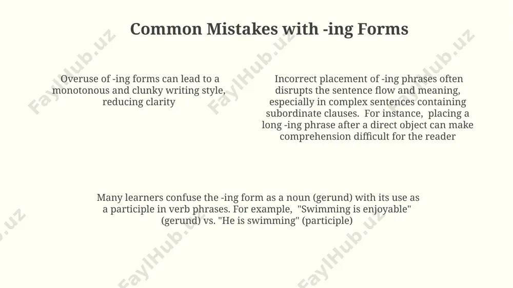 s reveals that the frequency of -ing forms in verb phrases significantly increases when expressing ongoing actions or continuous states in phrasal verbs common across various english-speaking regions (like the uk and the usa), the -ing form often appears after a particle, altering the verb's meaning significantly the -ing form, also known as the present participle, functions as a crucial element in many verb phrases in english grammar. consider the three main verb types (1. action, 2. linking, 3 -ing forms in complex sentences subordinate clauses beginning with conjunctions such as 'after' or 'before' can often be reduced to a concise -ing form phrase, like changing "after completing 2 chapters", to "having completed 2 chapters," thereby improving the flow and conciseness of writing in a 19th-century-style novel in complex sentences, -ing forms can function as reduced relative clauses, for example, "the book, being over 500 pages long, took me 3 …