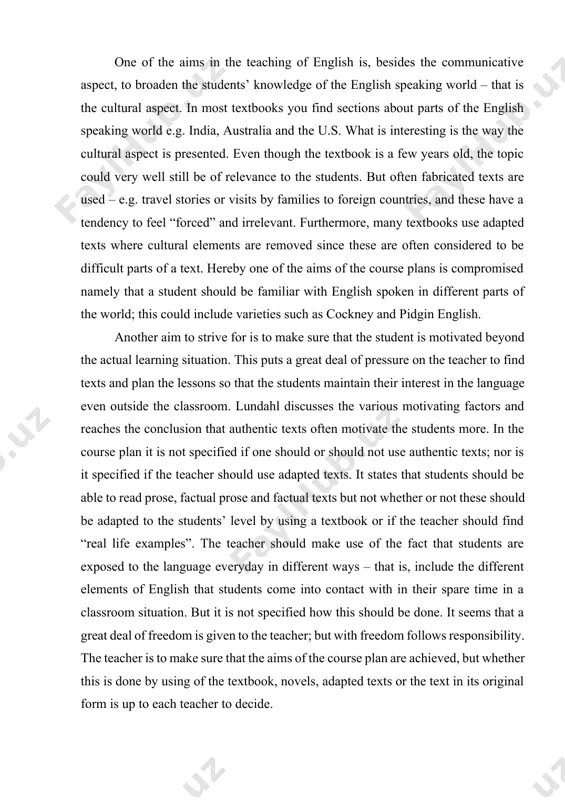 eved, but whether this is done by using of the textbook, novels, adapted texts or the text in its original form is up to each teacher to decide. bo lundahl,[footnoteref:3] teacher of english didactics at malmц university, argues that english studies must take into account the current lifestyle that most teenagers have adopted. one should also take into account the new knowledge they have acquired and consequently introduce more suitable and interesting texts for students to read; texts that reflect a student’s background, experience and knowledge; texts which may be found in youth magazines, life-style magazines and newspapers. also, teaching english texts today should not focus mainly on formal structures and lexical items. instead, it should focus on meaning and content and the students should be able to draw their own conclusions about what they have read and comment on it. [3: skolverket, (2000) “språk: grundskola och gymnasiet: kursplaner, betygskriterier …