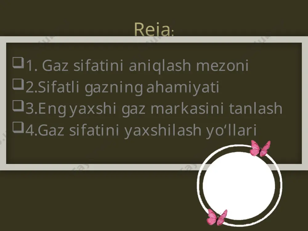 xususiyatlari xavfsiz ishlashni ta'minlaydi. kam sifatli gazlar ko'proq xavf tug'dirishi mumkin, chunki ular ko'proq noxush hodisalarga olib kelishi mumkin, masalan, portlashlar yoki yong'inlar. iqtisodiy samaradorlik: sifatli gazdan foydalanish resurslarni tejashga yordam beradi, chunki uning samaradorligi yuqori bo'ladi va energiya sarfi kamayadi. bu esa iqtisodiy jihatdan foydali bo'ladi. shu tarzda, sifatli gazning ahamiyati juda katta va u hayotning ko'plab jabhalarida 3.eng yaxshi gaz markasini tanlash eng yaxshi gaz markasini aniqlash uchun turli usullardan foydalanish mumkin: laboratoriya tahlillari: gaz tarkibi, yonish jarayoni va zararli moddalar miqdori tekshiriladi. texnik testlar: gaz bosimi, yonish samaradorligi va xavfsizlik darajasi baholanadi. foydalanuvchi tajribasi: iste’molchilarning fikrlari va amaliy tajribalari o‘rganiladi. turli gaz markalari quyidagi mezonlar asosida baholanadi: metan ulushi yonish samaradorligi zararli aralashmalar miqdori xavfsizlik standarti foydalanuvchilarning baholari bu mezonlar asosida eng yuqori sifatli gaz markasi aniqlanadi. . 4.gaz sifatini yaxshilash yo‘llari: gaz sifatini yaxshilash yo‘llari: tozalash: gazdagi zarrachalar, oltingugurt va boshqa zararli moddalarni filtrlar va kimyoviy …