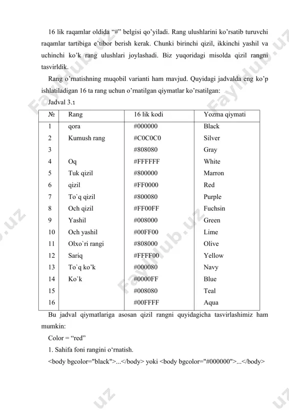 e- ob'yektga yaqin bo‘lgan kontentgacha bo‘lgan masofa(gorizontal holatda); pluginspace- agar, brauzer ob'yektni ko‘rsataolmasa, kerakli plaginni qaysi adresdan olish mumkinligini ko‘rsatish, urladdres yoziladi. src- qo‘yilayotgan ob'yekt addresi; type- ob'yekt tipi (mime tip), brauzer har doim ham avtomat tipni aniqlayo olmasligi mumkin, shuning uchun bu attribut orqali aniq ko‘rsatiladi. vspace- yaqin bo‘lgan kontentgacha bo‘lgan masofa(vertikal holatda holatda); width- ob'yekt uzunligi. gipermurojaat bilan bog’langan bir nechta web sahifalar yaratish. web-sahifada o’tish nuqtasi boshqa matnlardan “ajralib” turishi uchun, uni ro’yxat tarkibiga kiritish ham mumkin. gipermurojaat web-sahifada o’tish nuqtasida berilgan matnga sichqoncha parametrini olib kelib, sichqonchaning chap tugmasini bosish orqali amalga oshiriladi. bu holda o’tish nuqtasidagi matn rangi o’zgaradi (odatda pushti rangga bo’yaladi). keltirilgan misolda o’tish nuqtalari markerli ro’yxat tarkibiga kiritilgan. o’tish nuqtasi bilan o’tish joyi ekranda ko’rinib turgan bo’lsa, o’tish bajarilgani bilinmaydi. gipermurojaat o’tish nuqtasidagi matn o’rniga yoki matn bilan birga rasm ham qo’yish mumkin. buning uchun o’tish nuqtasidagi matn o’rniga tegi ishlatiladi. mazkur …