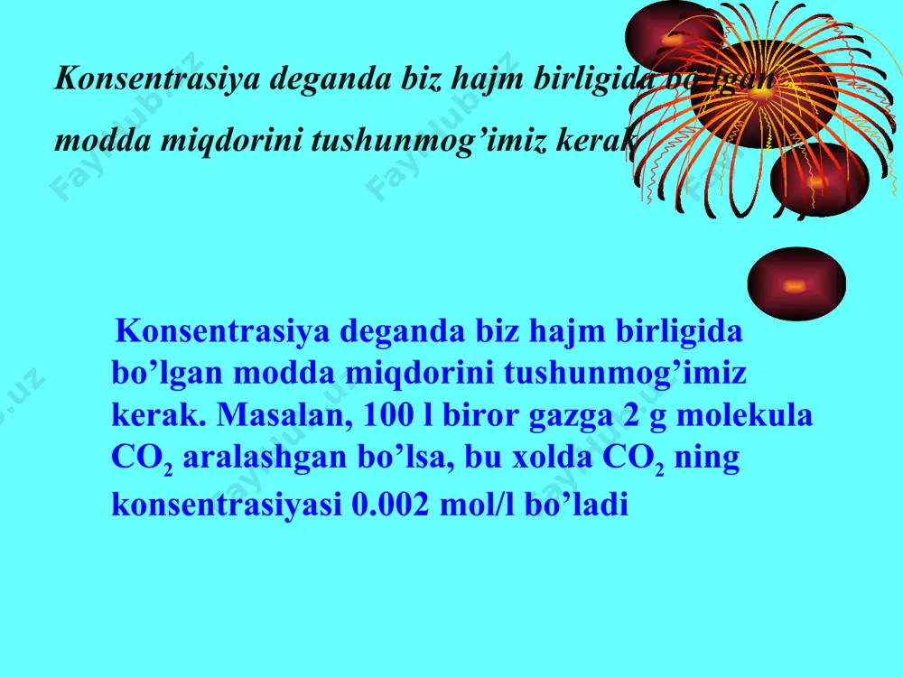 a h2 yoki n2 konsentrasiyalari oshirilsa kimyoviy muvozanat nh3 xosil bulishi tomonga siljiydi, ya'ni tugri reaksiya kuchayadi: 3h2 + n2 = 2nh3 agar nh3 ning konsentrasiyasini oshirsak, muvozanat h2 va n2 konsentrasiyalari ortadigan tomonga siljiydi: 2nh3 = 3h2 + n2 demak, muvozanat xolatni ushbu 3h2 + n2 = 2nh3 tenglama shaklida yozish mumkin. 1. konsentrasiyaning ta'siri. muvozanatda turgan sistemadagi biron moddaning konsentrasiyasi oshirilsa, kimyoviy modda shu modda sarf bulishi tomonga siljiydi. masalan, nh3 ni sintez kilishda h2 yoki n2 konsentrasiyalari oshirilsa kimyoviy muvozanat nh3 xosil bulishi tomonga siljiydi, ya'ni tugri reaksiya kuchayadi: 3h2 + n2 = 2nh3 agar nh3 ning konsentrasiyasini oshirsak, muvozanat h2 va n2 konsentrasiyalari ortadigan tomonga siljiydi: 2nh3 = 3h2 + n2 muvozanatdagi sistemaning temperaturasi oshirilsa, muvozanat endotermik reaksiya tomonga ya'ni issiklik yutilishi bilan boradigan reaksiya tomonga siljiydi. masalan, yukori temperaturada (1000°) h2 va o2 dan h2o xosil bulish reaksiyasida 2h2+o2=2h2o +q temperaturani 2000° gacha oshirsak, muvozanat …