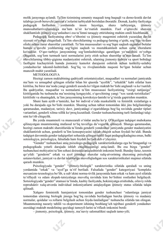 hayotdagi fundamental inson huquqlarining ta’minlanishiga erishish hisoblanadi. “mamlakatda barcha sohalarda ayol va erkak-larning teng huquq va imkoniyatlaridan foyda-lanishiga harakat qilinmoqda. yaqinda bo‘lib o‘tgan saylovlar misolida ham buni ko‘rish mumkin. hozirda o‘zbekiston sog‘liqni saqlash va ta’lim sohasida gender tengligiga erishdi. boshqa yo‘nalishlarda ham shu natijaga erishish uchun mazkur strategiya yordam beradi”. strategiyada 9ta maqsad qamrab olingan: – ijtimoiy-siyosiy hayotda erkak va ayollarning ishtirok etishida teng imko-niyat va huquqlarni yaratish; – ayol va erkaklarning iqtisodiyot, bandlik va mehnat migrantlari huquq-larini himoya qilishda gender tengligini ta’minlash; – butun hayot davomida barcha uchun adolatli va sifatli ta’limni ta’minlash; – barcha xotin-qizlar uchun gender tengligini ta’minlash, zo‘ravonlikdan himoyalash, odam savdosiga chek qo‘yish; – barcha erkak va ayollar uchun ijtimoiy himoya, sog‘lom turmush tarzini ta’minlash; – milliy gender statistikasini rivojlantirish; – rejalashtirish va byudjetlashtirishda gender masalasini inobatga olish; – oavda gender muammolarining keng yoritilishini ta’minlash; – barcha uchun xavfsiz ekologik muhitni ta’minlash masalalariga xotin-qiz-larni jalb qilish. …