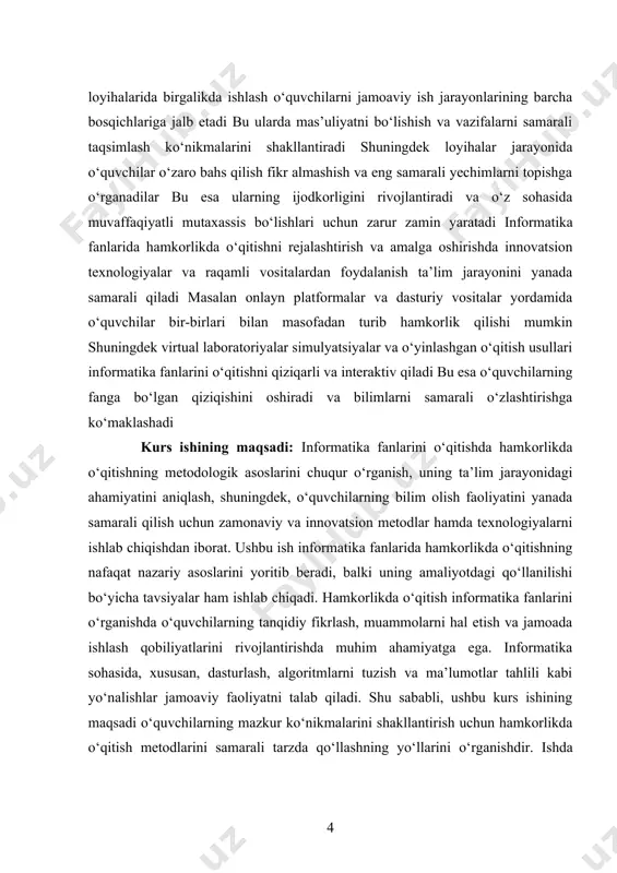 ilg‘or usullari ko‘rib chiqiladi. kurs ishining maqsadi shuningdek, informatika fanlarida hamkorlikda o‘qitish orqali o‘quvchilarning ijtimoiy va emotsional ko‘nikmalarini rivojlantirishga ham qaratilgan. guruhda ishlash jarayonida o‘quvchilar bir-birlari bilan o‘zaro muloqot qilish, fikr almashish va turli muammolarni birgalikda hal qilish kabi qobiliyatlarni rivojlantiradilar. bu nafaqat ta’lim jarayonining samaradorligini oshiradi, balki o‘quvchilarni kelajakdagi kasbiy faoliyatga tayyorlashda ham muhim omil hisoblanadi. kurs ishining vazifalari: · hamkorlikda o'qitishning pedagogik asoslarini va uning informatika fanlariga tatbiq etilishini o'rganish · hamkorlikda o'qitishning samaradorligini oshirish uchun zamonaviy metodlar va texnologiyalarni ishlab chiqish, shu jumladan, informatika fanlari o'qitishining yangi yondoshuvlarini aniqlash. hamkorlikda o'qitish metodlarini amaliyotga qo'llash, o'quvchilarning fikrlarini erkin ifodalashga, guruh bo'lib ishlashga, birgalikda muammolarni hal qilishga o'rgatish. informatika fanlari bo'yicha o'qituvchilarni hamkorlikda o'qitish metodikasi bo'yicha malakasini oshirishga doir tavsiyalar ishlab chiqish. informatika ta'limining samaradorligini baholash va uni rivojlantirishga doir tavsiyalar ishlab chiqish. kurs ishini obyekti: informatika fanlarini o'qitishda hamkorlikda o'qitishning metodik va texnologik asoslarini qo'llash jarayonidir. ushbu jarayon, …