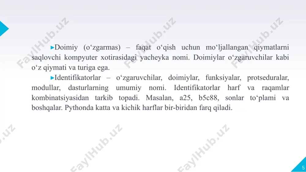ini so’rash uchun foydalaniladi. masalan quyidagi dastur foydalanuvchidan ismini kiritishni so’raydi, foydlanuvchi ismini kiritgach kiritilgan qaiymatni ism o’zgaruvchisiga o’zlashtirib, keyingi satrda uni ekranga chop etadi. 26 pythonda ma’lumotlarni muloqot holida kiritish operatori ism = input("ismingiz nima?") print("assalom alaykum, " + ism) e’tiborli bo’ling(!!!), input funksiyasi orqali kiritilgan qiymatlar satrli ma’lumotlar turiga tegishli bo’ladi. 27 pythonda ma’lumotlarni muloqot holida kiritish operatori yosh = int(input(“yoshingizni kiriting")) print(“sizning yoshingiz: " + yosh + “ da”) int yordamida matnli ma’lumotni butun son tipiga o`girib olamiz 28 pythonda ma’lumotlarni muloqot holida kiritish operatori pi = float(input(“pi ning qiymatini kiriting")) print(“pi= " + pi) float yordamida matnli ma’lumotni xaqiqiy son tipiga o`girib olamiz 29 e’tiboringiz uchun raxmat! image1.png