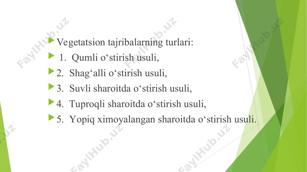 aksiyasi, tuzlar konsentratsiyasi va alohida ionlarning ta’siri deyarli o‘rganilmagan edi. 1909-yilda d.n.pryanishnikov tomonidan qumli muhit tajribalari uchun o‘z ph ini amal davrining oxirigacha mo‘tadilga yaqin holatda saqlaydigan oziq aralashmasi yaratildi. hozirgi kunda 200 dan ziyod oziq aralashmalar mavjud bo‘lib, ularning ko‘pchiligi ilmiy-tadqiqotlarda, shuningdek, ishlab chiqarishda (gidroponika usulida sabzavot etishtirishda) keng ko‘lamda ishlatiladi (1-jadval). mavjud va kashf etilayotgan barcha oziq aralashmalar tarkibidagi oziq elementlar konsentratsiyasi va nisbatlari bo‘yicha bir-birini to‘ldirishi va muvozanatlashi lozim. озиқа муҳитлари, мг/л 1.oziq aralashmalar oldiga qo‘yiladigan talablar oziq aralashmalar o‘z tarkibida o‘simliklarning me’yorida o‘sishi va rivojlanishi uchun zarur barcha elementlarni tutishi kerak. knop, saks, gelrigel va boshqalar tomonidan tayyorlangan ilk oziq aralashmalar tarkibida faqat 7 ta element (n, r, k, ca, mg, s va fe) mavjud bo‘lgan bo‘lsa, xx-asrning birinchi o‘n yilligida, tabiiy fanlar, shu jumladan agrokimyo fani ham jadal rivojlana boshlagan davrda, oziqa aralashmalar tarkibiga mp, si, zn, b, va mo ham kiritildi. hozirgi kunda ayrim …