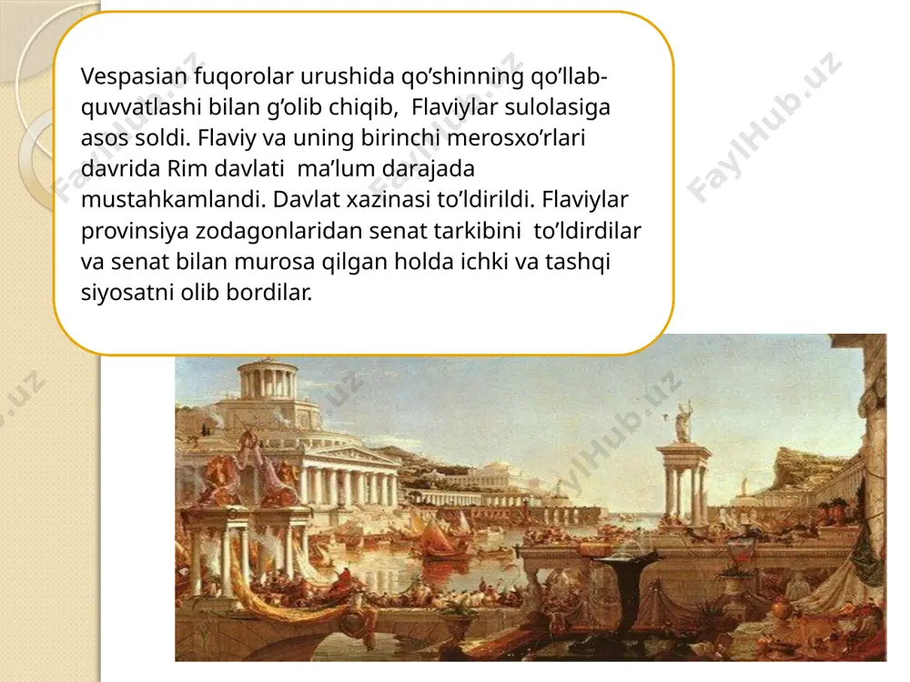 sharti bilan tinchlik shartnomasini tuzdi. adrian imperiyaning sharqiy chegaralarida kuchli mudofaa inshootlarini bunyod qildi. ana shunday tadbirlar natijasida parfiya bilan tinchlik 44 yil saqlandi. 5. ijtimoiy iqtisodiy hayot ii asr rim imperiyasining “oltin davri” hisoblanadi. bu vaqtda imperiya eng katta hududga ega edi. uning chegaralari shimolda shotlandiyadan janubga nil ostonalarigacha, g’arbdan atlantika qirg’oqlaridan sharqda fors qo’ltig’igacha cho’zilgan edi. quldorlik tizimi o’z taraqqiyotining yuqori cho’qqisiga chiqdi. ko’p quldorlik xo’jaliklari bozor uchun mahsulot ishlab chiqarishga o’tdi. qullarga nisbatan shafqatsiz zulm kuchayib ketdi. bu davrda provinsiyalarning iqtisodiyoti va bu yerdagi shahar hayoti o’z taraqqiyotida yuqori bosqichga ko’tarildi. eramizning i-ii asrlarida o’rtayerdengizi hududidagi barcha xalqlar tarixda birinchi bor yagona ulkan davlat rim imperiyasi tarkibiga kirdilar. rim istilolariga qadar g’arbiy provinsiyalarda qishloq xo’jaligi qoloq bo’lib, asosan g’alla ekilgan. erga ishlov berish ibtidoiy holatda edi. apennin yarim oroli axolisi qishloq xo’jaligining rivojlangan shaklini g’arbiy provinsiyalarga olib kirdilar. eramizning ii asrida kolonlar bug’doyni, tariq, zaytun moyini 1/3 …
