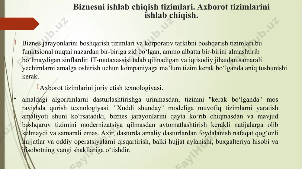 r”, “bog‘lanishlar” (aloqalar), «xususiyatlar». obyektlar - tizimning bir bo‘lagi yoki komponentlari bo‘lib, jismoniy, matematik o‘zgaruvchan tenglamalar, qoida va qonunlar, texnologik jarayonlar, axborot jarayonlari, ishlab chiqarish bo‘linmalari kabi ko‘plab cheklanmagan qismlarga ega. xususiyatlar - bu obyektning sifatini ifodalovchi parametrlardir. xususiyat tizimning ma’lum bir o‘lchamga ega obyektlarini bittalab miqdoriy jihatdan bayon etish imkonini beradi. obyektlarning xususiyatlari tizim harakati natijasida o‘zgarishi mumkin. bog‘lanishlar (aloqalar) obyektlar va ularning xususiyatlarini tizim jarayonida yagona yaxlitlikka birlashtiradi. bunda barcha tizim elementlarining kenja tizimlari va tizimlar o‘rtasida aloqa bo‘lishi nazarda tutiladi. ayrim umumiy qonuniyatlar, qoidalar yoki tamoyillar bilan birlashuvchilar o‘rtasida aloqaning mavjud bo‘lishi tizimning asosiy tushunchasi sanaladi. boshqalar bilan biror-bir aloqaga ega bo‘lmagan element ko‘rib chiqilayotgan tizimga kirmaydi. tizimning xususiyatlari quyidagilar sanaladi: elementlar murakkabligi, maqsadga qaratilganligi, turli-tumanligi hamda ular tabiati, tarkiblashganligi, bo‘linishligidir. tashkiliy murakkablik tizimning asosiy xususiyati sanaladi va u elementlar o‘rtasidagi o‘zaro aloqalar (o‘zaro harakatlar) miqdori bilan aniqlanadi. elementlar o‘rtasidagi chatishib, qo‘shilib ketgan o‘zaro aloqala shunday tuzilganki, …