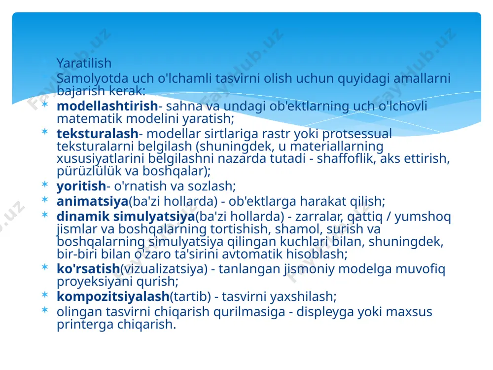 lanildi - z-bufer, bu barcha ob'ektlarga hajm berish imkonini berdi. biroq, butun o'yin hali ham past piksellar sonida ishladi va juda real emas edi. yangi apparat yechimi tayyorlanayotgan edi. va bu qaror, umuman olganda, yuzaki bo'lib chiqdi. foydalanuvchilar uch o'lchovli virtual dunyoda o'ynashni xohlashlari sababli, uni yaratish jarayoni (keyingi rasm paydo bo'lguncha 3d studio-da kutish daqiqalarini esda tuting) keskin tezlashishi kerak. va markaziy protsessor bu vazifani juda yomon bajarganligi sababli, inqilobiy qaror qabul qilindi - ixtisoslashgan. aynan o'sha paytda 3dfx o'yin mashinalari ishlab chiqaruvchisi paydo bo'ldi va bu ertakni o'zining voodoo grafik protsessorining yordami bilan amalga oshirdi. insoniyat virtual olamga yana bir qadam tashladi. va shundan beri operatsion tizim teksturali oynalari tumanga qaytayotgan shaxsiy kompyuterda uch o'lchamli grafikaning butun apparati faqat butun tsivilizatsiyalashgan insoniyat tomonidan muvaffaqiyatli amalga oshirilgan o'yinlarga qo'llanilishi mumkin emas va kutilmaydi. model uch o'lchamli ob'ektlarni monitor ekranida ko'rsatish uchun bir qator jarayonlar (odatda konveyer deb ataladi), so'ngra …