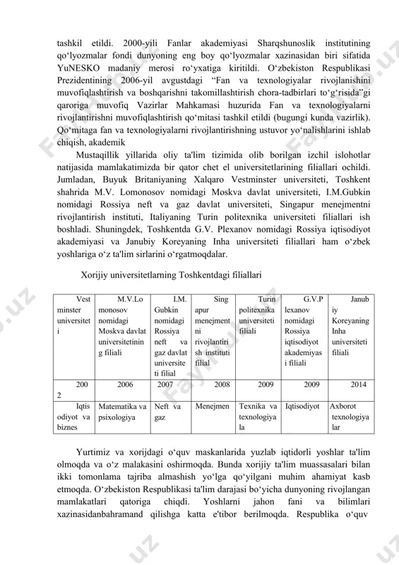 i rivojlantirishni muvofiqlashtirish qo‘mitasi tashkil etildi (bugungi kunda vazirlik). qo‘mitaga fan va texnologiyalarni rivojlantirishning ustuvor yo‘nalishlarini ishlab chiqish, akademikmustaqillikning dastlabki yillarida ilm-fan. yuzaga kelgan yangi tarixiy shart-sharoit ilm-fan sohasini tub islohot qilishni taqozo etdi. zero, dolzarb ilmiy-texnik muammolar hal qilinishi respublikaning rivojlanishini ta'minlar edi. avvalo, o‘zbekiston respublikasi prezidentining 1992-yil martdagi farmoni bilan ilmiy kadrlar tayyorlanishini tashkil etuvchi vakolatli organ - oliy attestatsiya komissiyasi (oak) tashkil etildi. prezidentning 1992-yil iyuldagi “ilm-fanni davlat yo‘li bilan qo‘llabquvvatlash va innovatsiya faoliyatini rivojlantirish to‘g‘risida”gi farmoni asosida respublika olimlarini xorijiy mamlakatlarga tajriba orttirishga yuborilishi yo‘lga qo‘yildi. ilmiy natijalarni ichki va tashqi bozorga olib chiqish bilan shug‘ullanuvchi respublika ilmiy ishlanmalarni innovatsiya tijorat markazi fanlar akademiyasi tarkibida tashkil etildi. 1997-yil xorazm ma'mun akademiyasi qayta tiklanib, o‘zbekiston fanlar akademiyasining mintaqaviy bo‘linmasi sifatida tashkil etildi. 2000-yili fanlar akademiyasi sharqshunoslik institutining qo‘lyozmalar fondi dunyoning eng boy qo‘lyozmalar xazinasidan biri sifatida yunesko madaniy merosi ro‘yxatiga kiritildi. o‘zbekiston respublikasi prezidentining 2006-yil avgustdagi “fan …