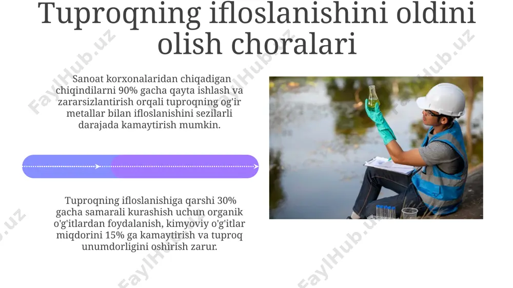 . tuproqdagi zararli bakteriyalar va parazitlar, masalan, e.coli va salmonella, oziq-ovqat mahsulotlari orqali yuqishi va oshqozon-ichak kasalliklariga, diareyaga va dehidratsiyaga olib kelishi mumkin. suvning ifloslanishi inson salomatligiga ta'siri suvning ifloslanishi oshqozon-ichak kasalliklari, masalan, tifo va dizenteriya kabi 20 dan ortiq infektsion kasalliklar xavfini 5-10 baravar oshiradi. havodagi ifloslantiruvchi moddalar, suv bilan birga organizmga kirib, surunkali respirator kasalliklar, allergiya va onkologik kasalliklar xavfini 30% ga oshirishi mumkin. e'tiboringiz uchun rahmat @taqdimot_robot image4.jpg image5.jpg image6.jpg image7.jpg image8.jpg image9.jpg image10.jpg image11.jpg image12.jpg image13.jpg image14.jpg image15.jpg image16.jpg image17.jpg image18.jpg image1.jpeg image2.jpeg image3.jpeg