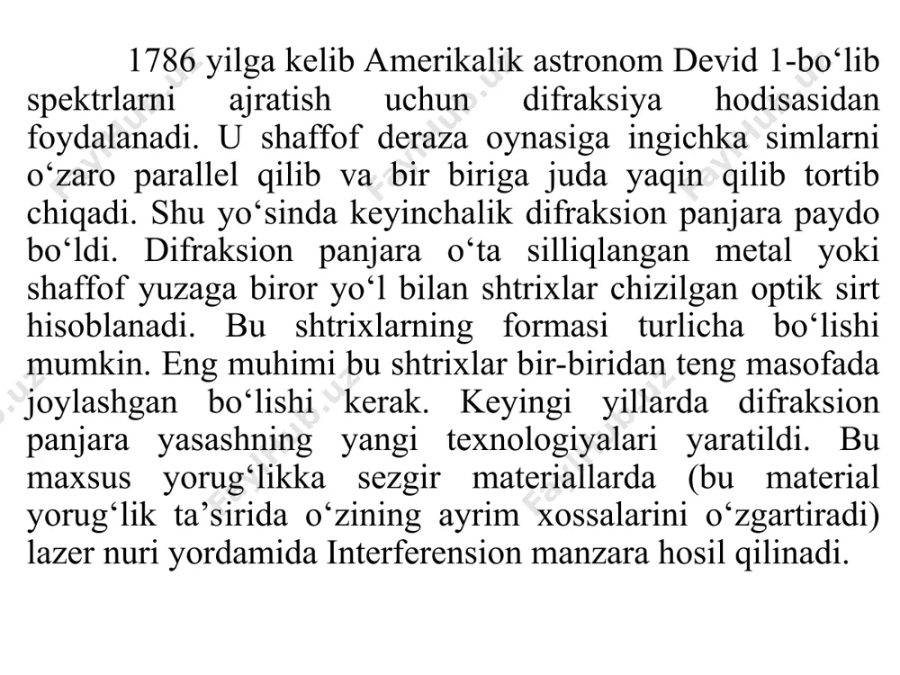 optik o‘qda joylashishi lozim. bu esa yustirovka deyiladi. yustirovka qilishdan maqsad yorug‘lik manbaidan kelayotgan nurlanish intensivligidan maksimal foydalanish uchun amalga oshiriladi. fokusirovka – fotoplastinka spektral qurilmaning chiqish kolematorini fokal tekisligida joylanishini ifodalaydi. ushbu xolda fotoplastinkaga tushirilayotgan spektrlar aniq qayd qilinadi. (fokusirovka qilish usuli batafsil tushuntiriladi). ma’lum va noma’lum yorug‘lik manbalaridan chiqayotgan chiziqli spektrlarni gardman diafragmasi yordamida fotoplastinkaga tushirib olinishi batafsil tushuntiriladi. fotoplastinkaga quyidagi ko‘rinishga ega bo‘lgan ma’lum va noma’lum spektrlar tushiriladi. (shakl 2) noma’lum spektrlarning to‘lqin uzunliklari (1) tenglama yordamida aniqlanadi. (3) (1) formula yordamidan ma’lum spektrlarni to‘lqin uzunliklarini topish batafsil tushuntiriladi. ℓ - ikkita qo‘shni ma’lum spektrlar orasidagi masofa (mir-12) mikroskop yordamida topiladi. - birinchi ma’lum va birinchi noma’lum spektrlar orasidagi masofa (mir-12) mikroskop yordamida topiladi. , , …. lar xam mos ravishda yuqoridagi usul yordamida topiladi. a) amplitudali va b) amplituda fazali qaytaruvchi difraksion panjarali qurilmalar 1-kirish tirqishi, 2-ko’zgu, 3-ob’ektiv, panjaraning yorug’likni qaytaruvchi qismi 5-difraksion panjara yorug’lik kuchi. …