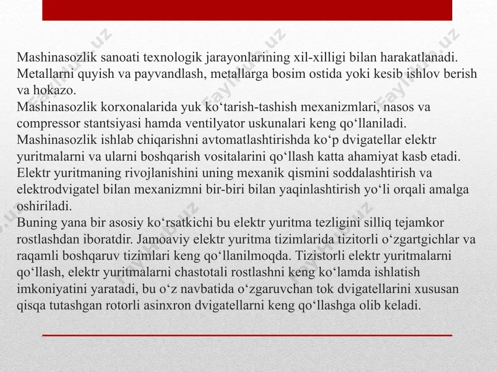 relesini kontaktlari yuklash mexanizmining nazorat *qiluvchi o`rgani zanjiriga ulangan bo`lishi kerak ; *magnit ishga tushirgich va ko`ntaktlarni uzuvchi kontaktlari *zahirani ishga tushirish zanjiriga ulangan bo`lishi lozim ; *magnit ishga tushirgich ,relelarning g`altagini bitta klemmasi neytlar (o) sigma ulangan bo`lishi kerak ,bu boshqarish zanjirining birorta simini erga qisqa tutashuv hodisasini oldini oladi ; sxemada no‘l himoyasi bo‘lishi kerak, bu kuchlanish yo‘qolib, yana qayta paydo bo‘lganda dvigatellarni o‘z-o‘zidan yurib ketishini oldini oladi; boshqaruv sxemasi qisqa tutashuvlardan himoyalangan bo‘lishi shart; dastgohning boshqarish sxemasini tuzishda yuqoridagi talablar inobatga olinishi shart. dastgohning bosh xarakati qisqa tutashtirilgan rotorli asinxron dvigatel yordamida amalga oshiriladi, dvigatelni quvvati 10,2 kvt, aylanish tezligi 1450/2880 ob/min. parmalash golovkasining tezligini 12,5 dan 1600 ob/min gacha skorostlar ko‘ro‘bkasi yordamida o‘zgartirish mumkin. dastgohning bosh yuritmaini boshqarish sxemasi yordamida quyidagilarga erishish mumkin: *parmalash golovkasi ikkala yo‘nalish bo‘yicha xarakatlantirish mumkin; *dastgohni ishchi va sozlovchi rejimda ishlatish mumkin; *parmalash golovkasi va moylash yurimalarini bir vaqtda ishga tushirish …