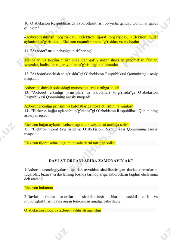 ni shakllantirish ishlarini tashkil etish va muvofiqlashtirish qaysi organ tomonidan amalga oshiriladi? o’zbekiston aloqa va axborotlashtirish agentligi 3.davlat axborot resurslarini hisobga olish va ro’yhatdan o’tkazish qaysi organ tomonidan amalga oshiriladi? o’zbekiston aloqa va axborotlashtirish agentligi 4.davlat organining normativ-huquqiy hujjatlari ushbu organning rasmiy saytiga qaysi muddatda joylashtirilishi zarur? besh ish kunidan kechikmay 5.davlat organining rasmiy sayti qaysi domen zonasida joylashtirilishi kerak? gov 6.portalni shakllantirish yo’li bilan internet orqali fuqarolarga barcha davlat xizmatlari majmuini taqdim etuvchi "elektron hukumat” tizimining tashkil etuvchisi: g2c – (hukumat-fuqaro) 7.davlatni boshqarish organlari bilan biznes o’rtasida samarali munosabatlarni shakllantiruvchi "elektron hukumat” tizimining tashkil etuvchisi: g2b – (hukumat - biznes) 8.davlat organlari o’rtasidagi o’zaro munosabatlarni shakllantiruvchi "elektron hukumat” tizimining tashkil etuvchisi: g2g – (hukumat - hukumat) 9.«elektron hukumat» nima? axborotlarga elektron ishlov berish, uzatish va tarqatish vositalari asosida davlatni boshqarish tizimi 10.yagona oyna markazlari faoliyati yo’nalishi bir joydan turib aholiga keng miqyosida ijtimoiy xizmatlarni ko’rsatish apparat va dasturiy ta’minot …