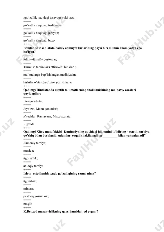 atyura; ==== natyurmort ++++ yahudiylar maschidi qanday nomlanadi? ==== # sinagoga ==== ibodatxona ==== cherkov ==== butxona ++++ din so’zi qanday ma’noni anglatadi? ==== # ishonch, bo’ysunish ==== ibodat ==== axloq-odob ==== hukm qilish ++++ qaysi qadimiy din tunguschada “o’ta hayajonlangan, jazavali kishi” ma’nosini bildiradi? ==== #shomoniylik ==== yaxudiylik ==== konfutsiylik ==== magiya ++++ politestik dinlarning asosiy xususiyati nima? ==== #ko’pxudolik ==== butparastlik ==== shamanizm ==== yakkaxudolik ++++ falsafa fanining vujudga kelgan davri qaysi javobda to’g’ri ko’rsatilgan ==== mil. avv. iii ming yillik o’rtalari ==== #mil. avv. vii-vi asrlar ==== xvii-xviii asrlar ==== v-xv asrlar ++++ borliqni asosi, bilish muammolari, insonning vazifasi va olamdagi o’rnini qaysi fan o’rganadi ? ==== #falsafa ==== ontologiya ==== gnoseologiya ==== etika ++++ falsafa fanining dunyoqarash funksiyalari nimalardan iborat ==== falsafa o’z davri madaniyatining refleksiyasini amalga oshiradi ==== falsafa mavjud tuzumning kamchiliklariga qarshi kurashish uchun kishilar faoliyatini yo’naltiradi ==== falsafa kishilar xarakterini yaxshilashga ko’maklashadi ==== …
